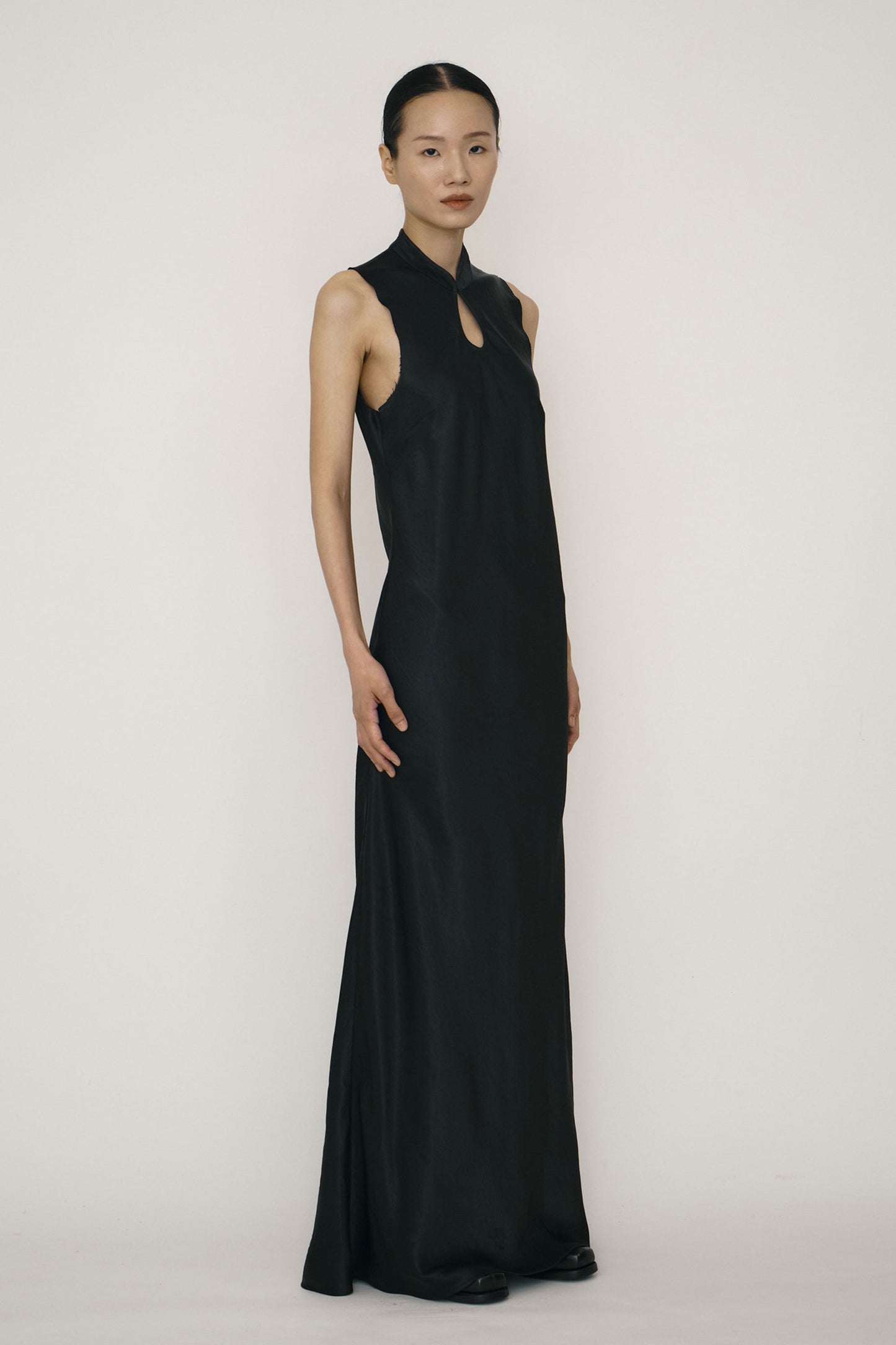 BLACK SATIN MANDARIN COLLAR BIAS-CUT DRESS