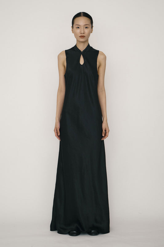 BLACK SATIN MANDARIN COLLAR BIAS-CUT DRESS
