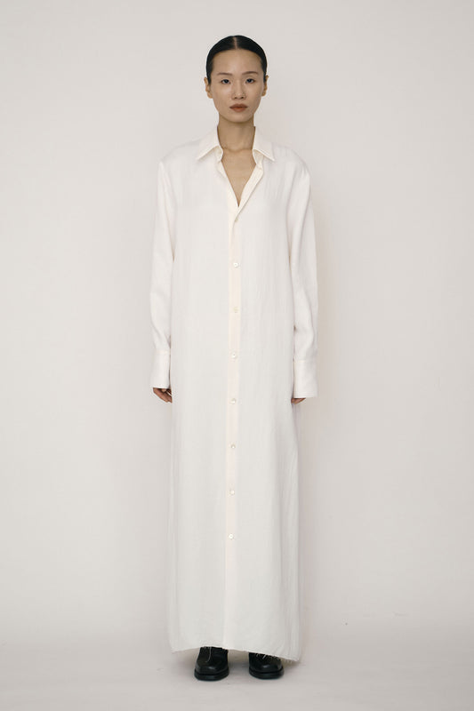 WHITE SATIN RAW EDGE SHIRT DRESS