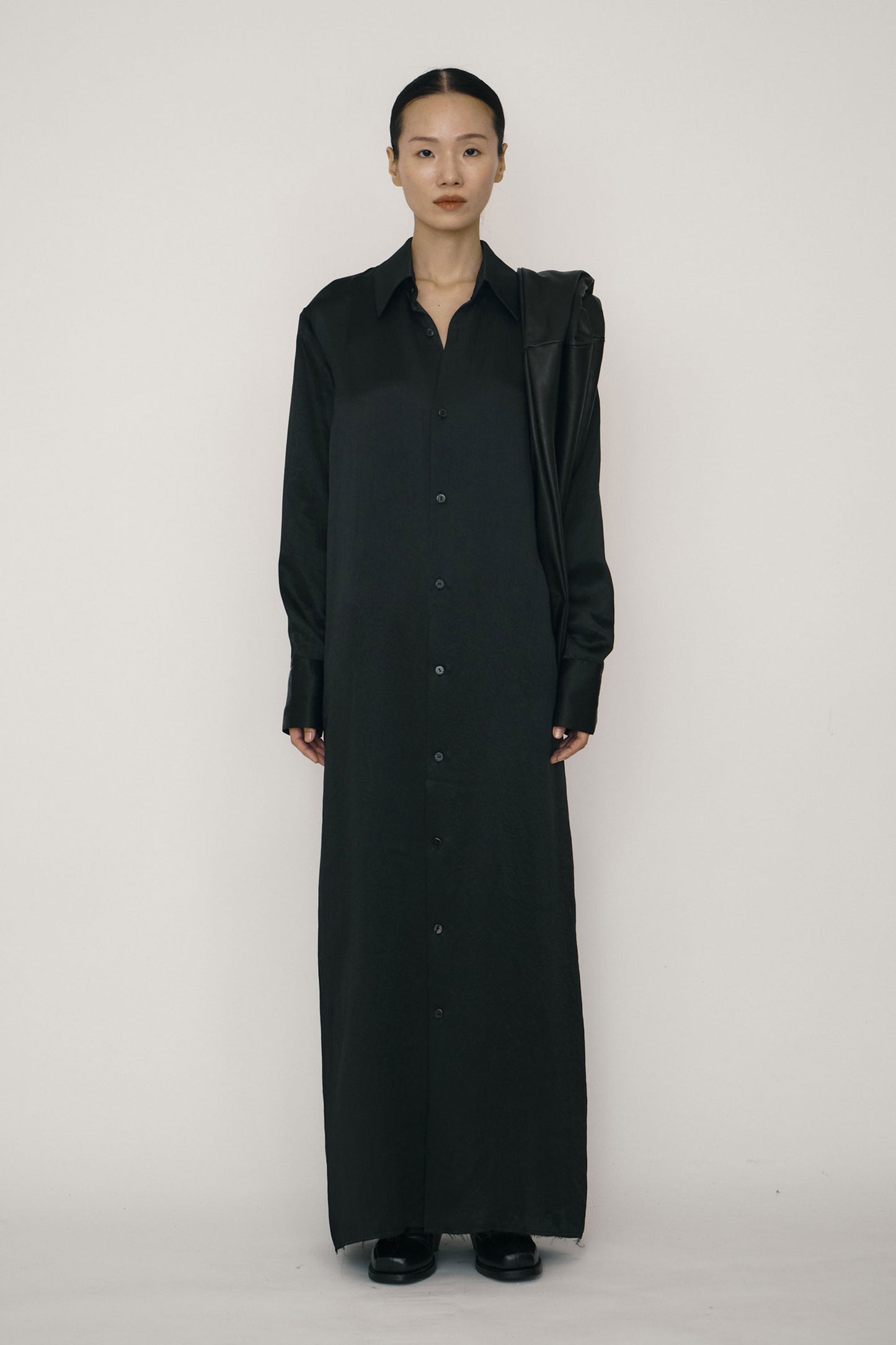 BLACK SATIN RAW EDGE SHIRT DRESS