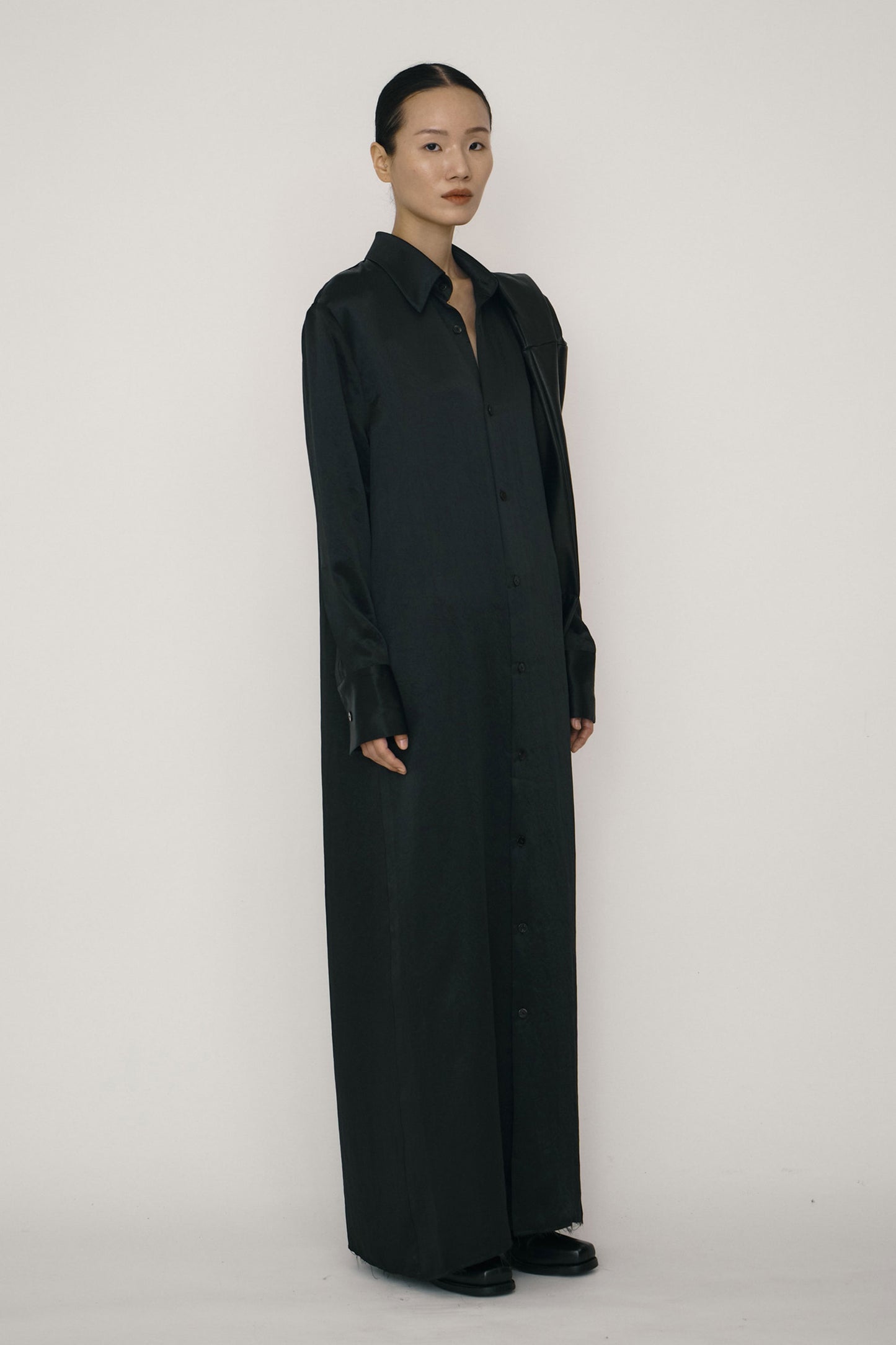 BLACK SATIN RAW EDGE SHIRT DRESS