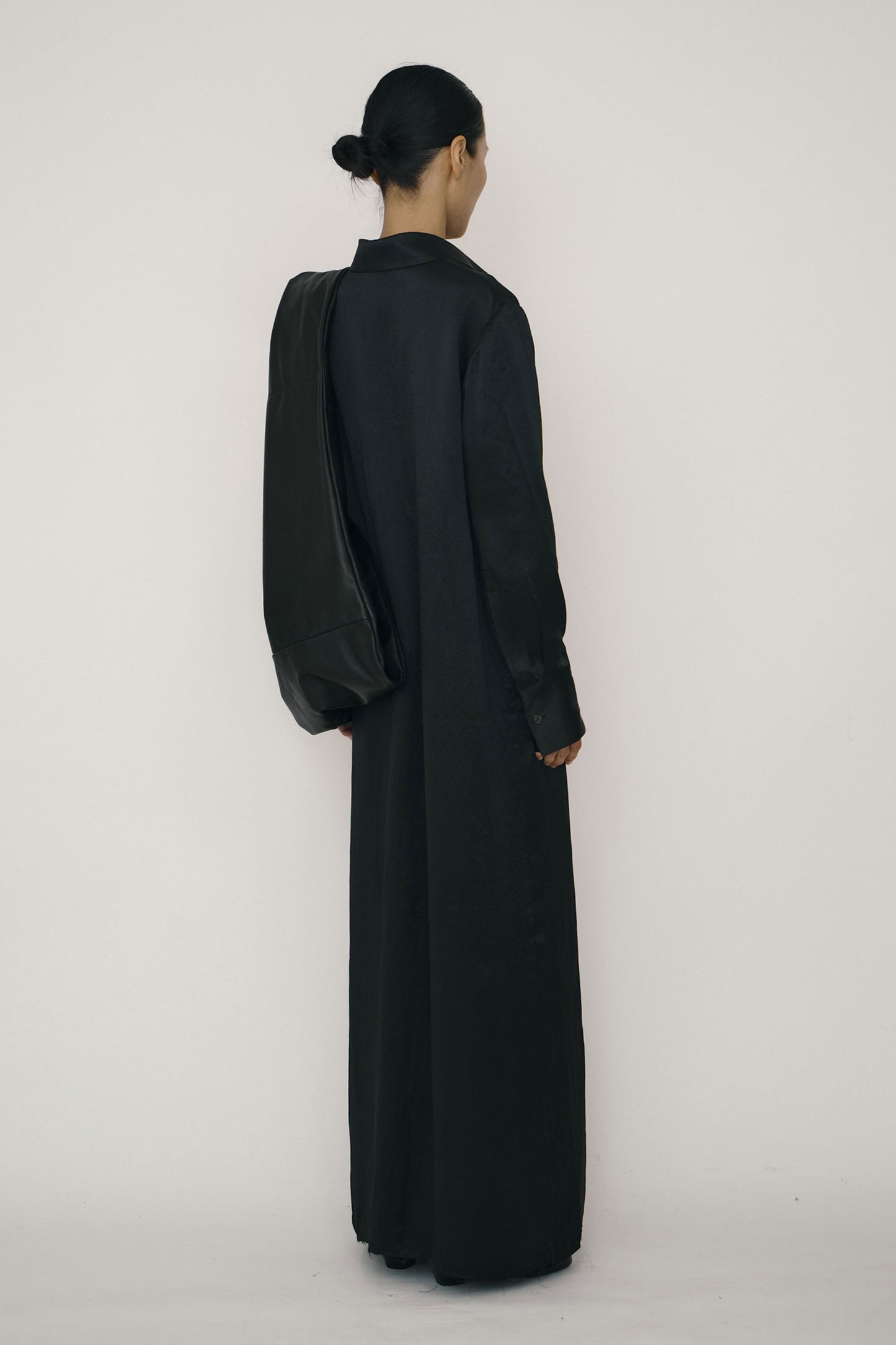 BLACK SATIN RAW EDGE SHIRT DRESS