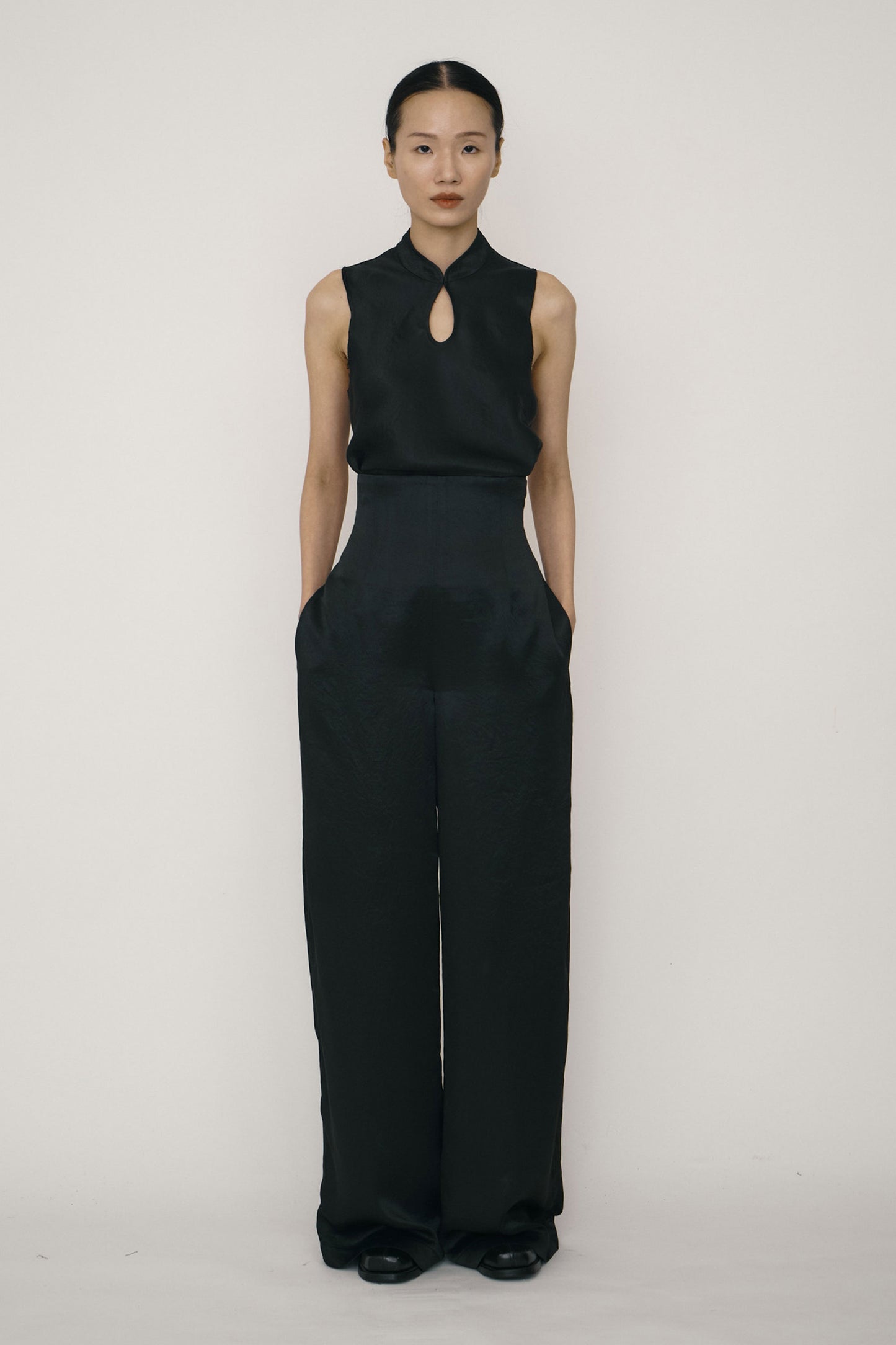 BLACK SATIN MANDARIN COLLAR BIAS-CUT TOP