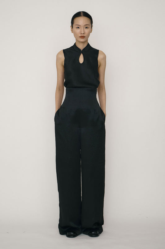 BLACK SATIN MANDARIN COLLAR BIAS-CUT TOP