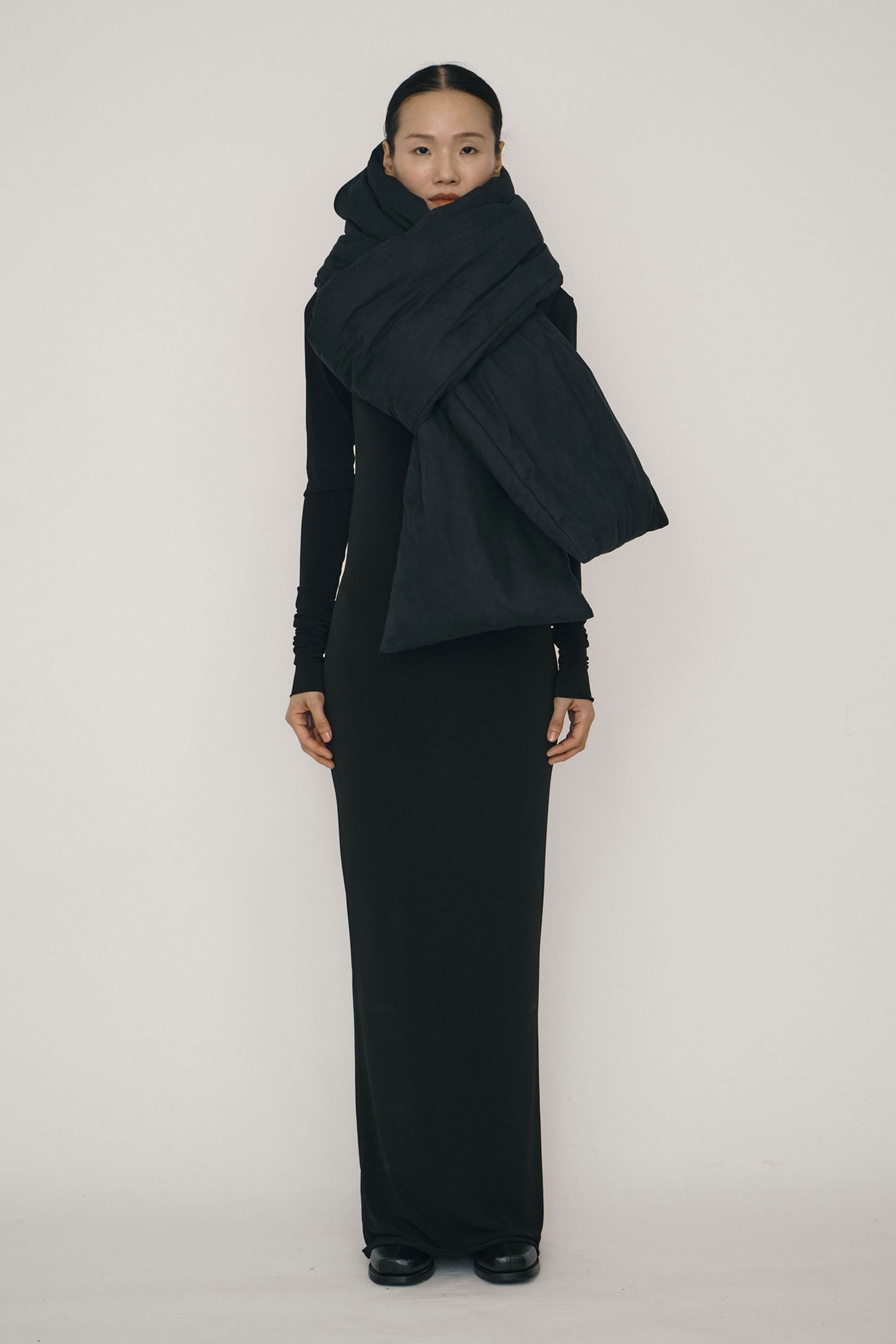 BLACK FAUX-SUEDE PADDED MAXI SCARF