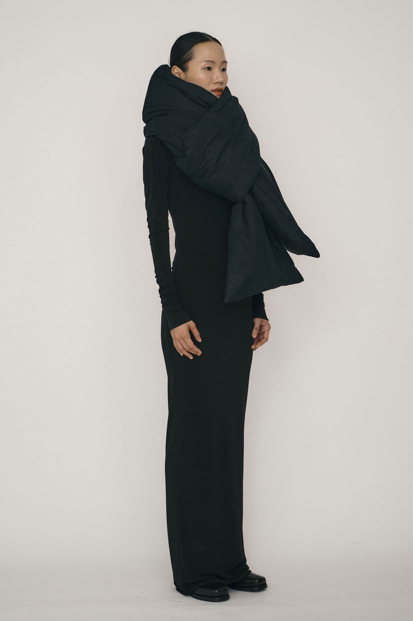 BLACK FAUX-SUEDE PADDED MAXI SCARF