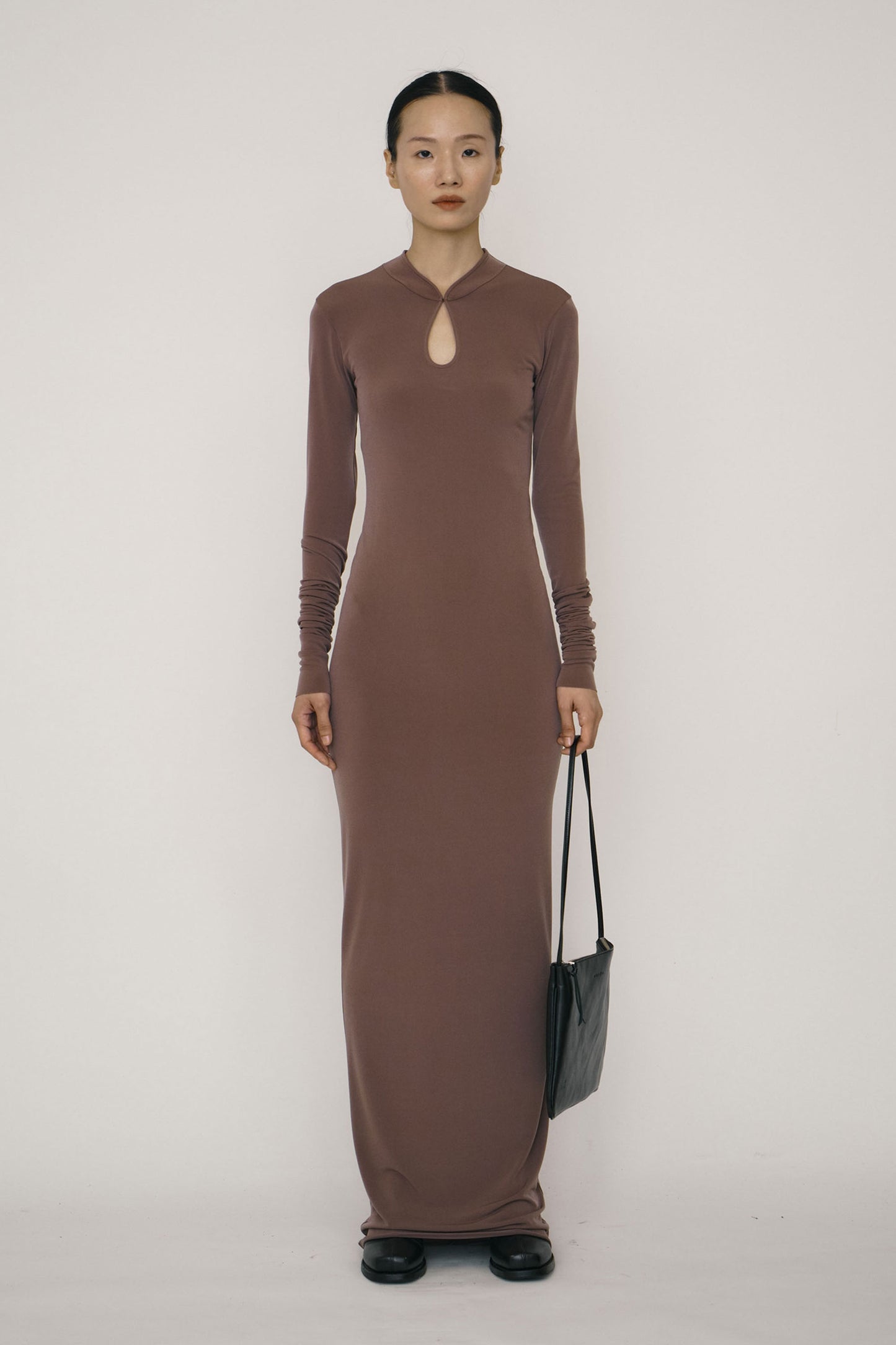 KHAKI SKINNY LONG-SLEEVE MANDARIN COLLAR MAXI DRESS