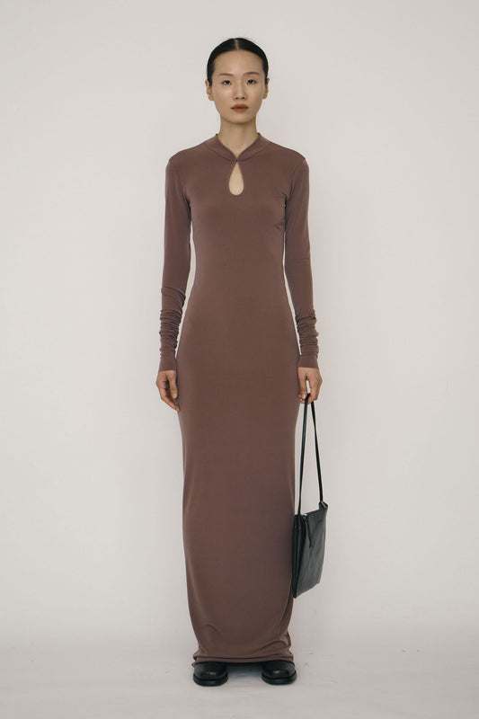 KHAKI SKINNY LONG-SLEEVE MANDARIN COLLAR MAXI DRESS