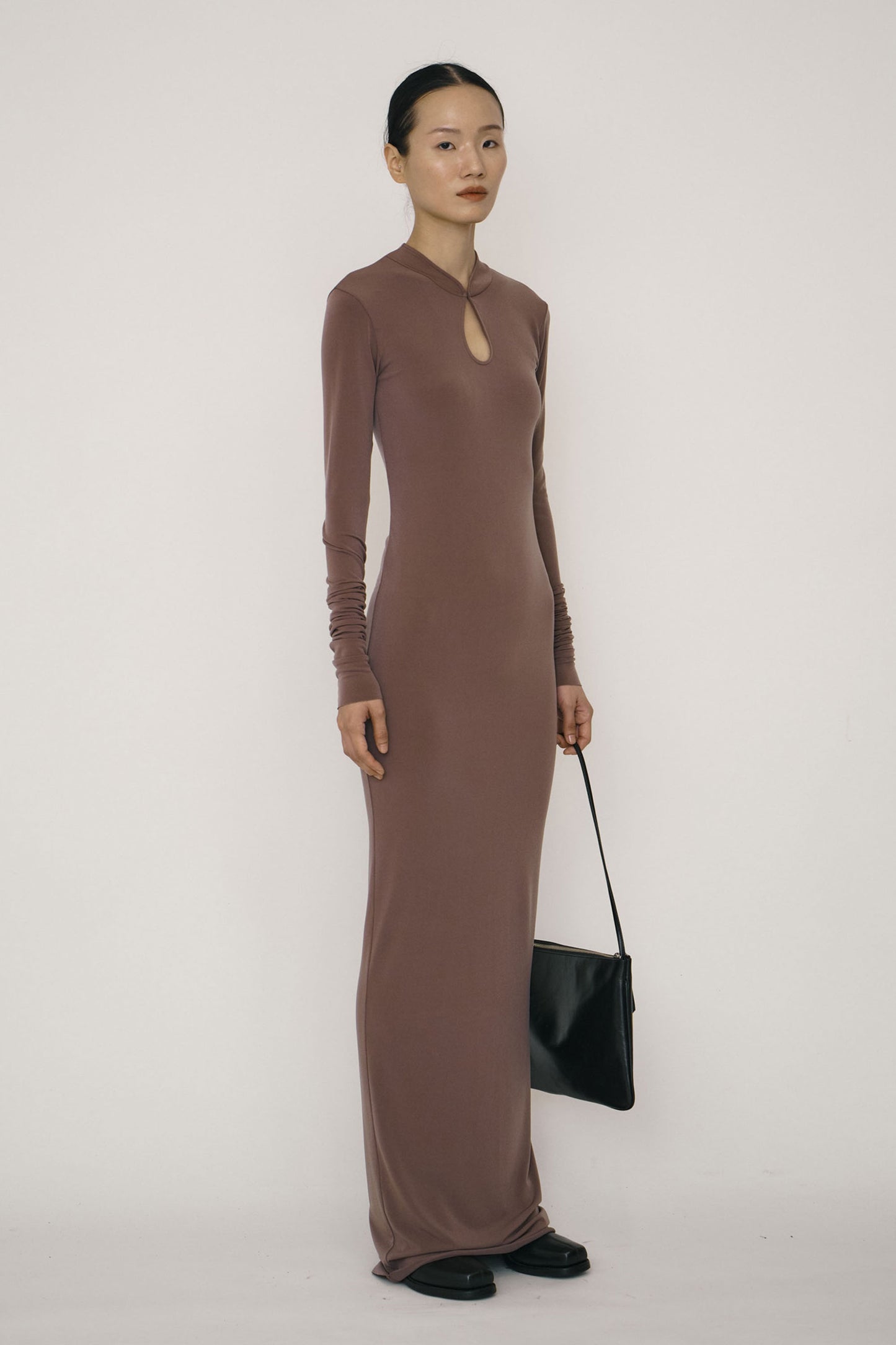 KHAKI SKINNY LONG-SLEEVE MANDARIN COLLAR MAXI DRESS