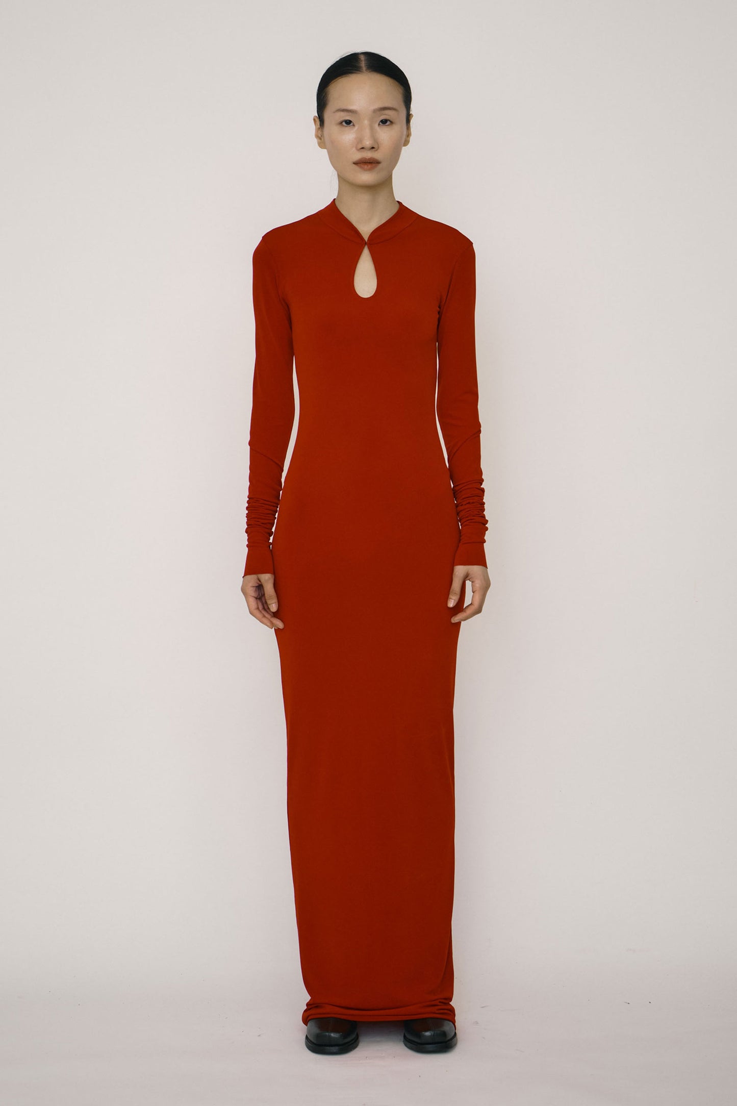 RED SKINNY LONG-SLEEVE MANDARIN COLLAR MAXI DRESS