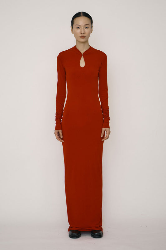 RED SKINNY LONG-SLEEVE MANDARIN COLLAR MAXI DRESS