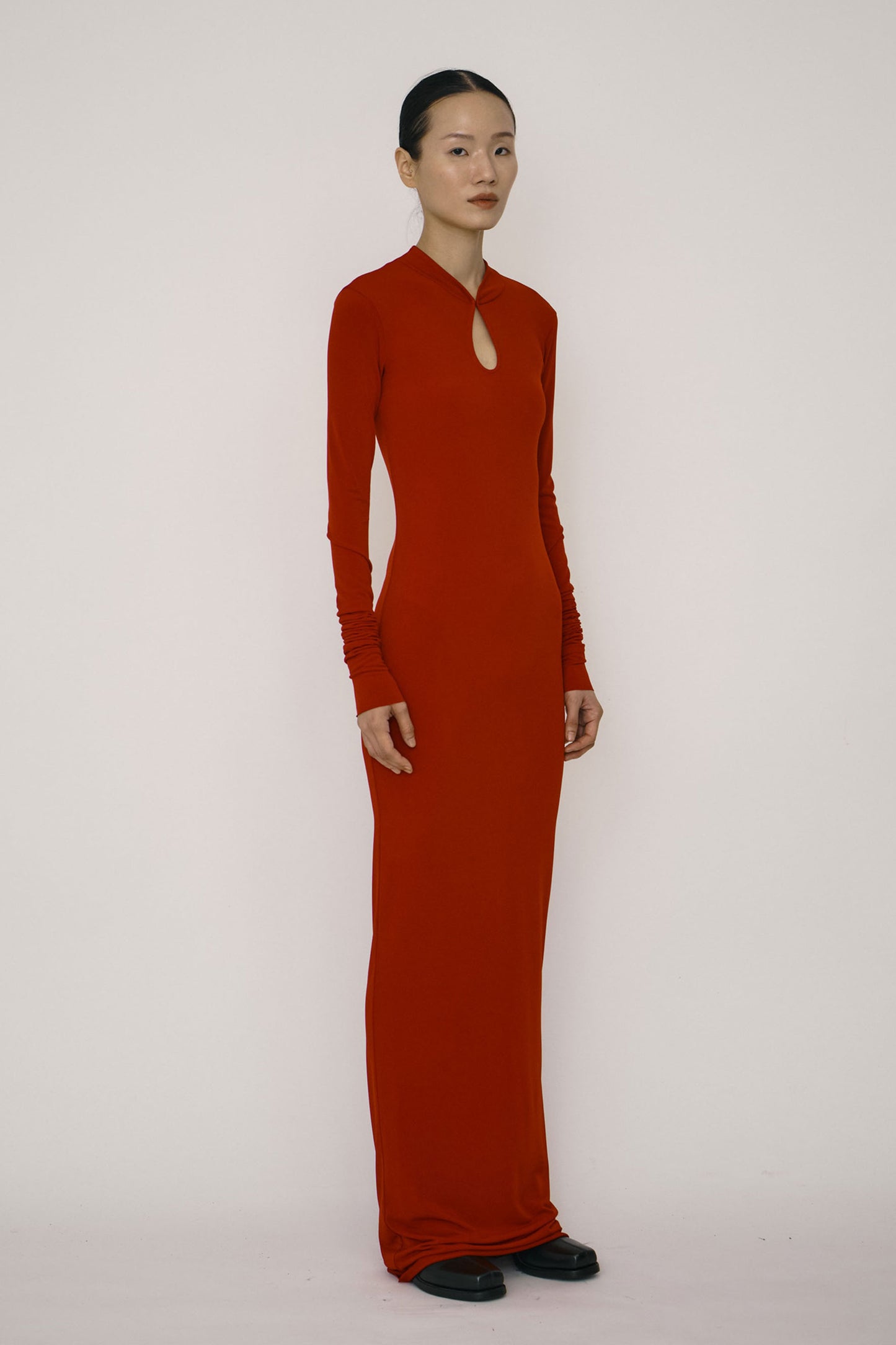 RED SKINNY LONG-SLEEVE MANDARIN COLLAR MAXI DRESS