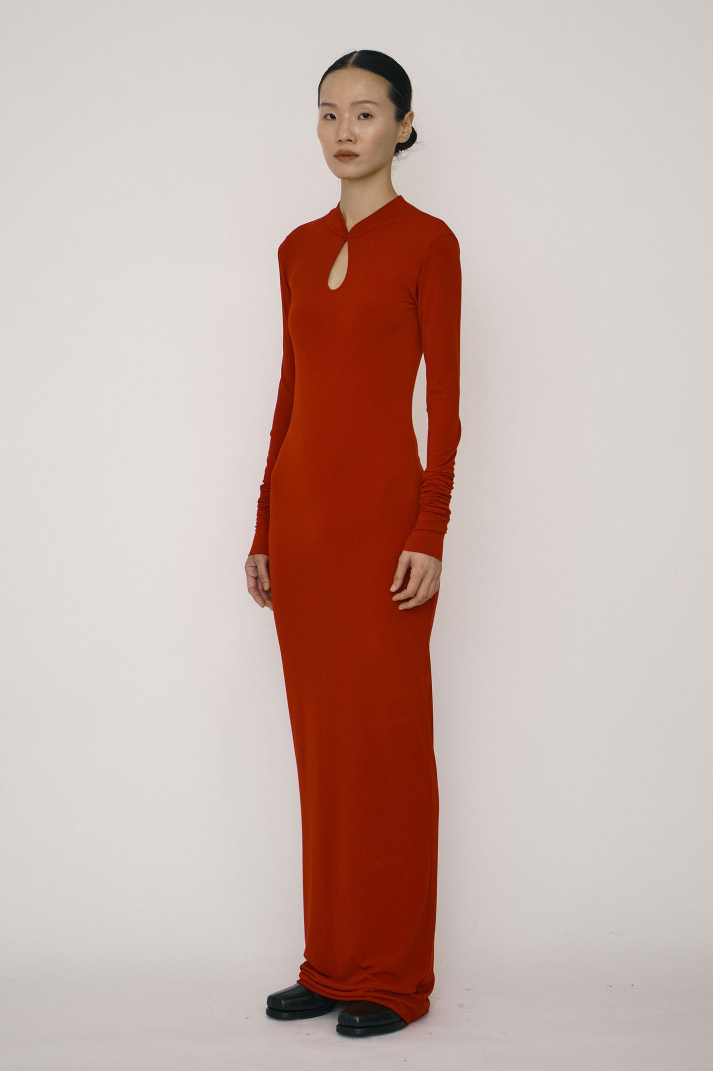 RED SKINNY LONG-SLEEVE MANDARIN COLLAR MAXI DRESS