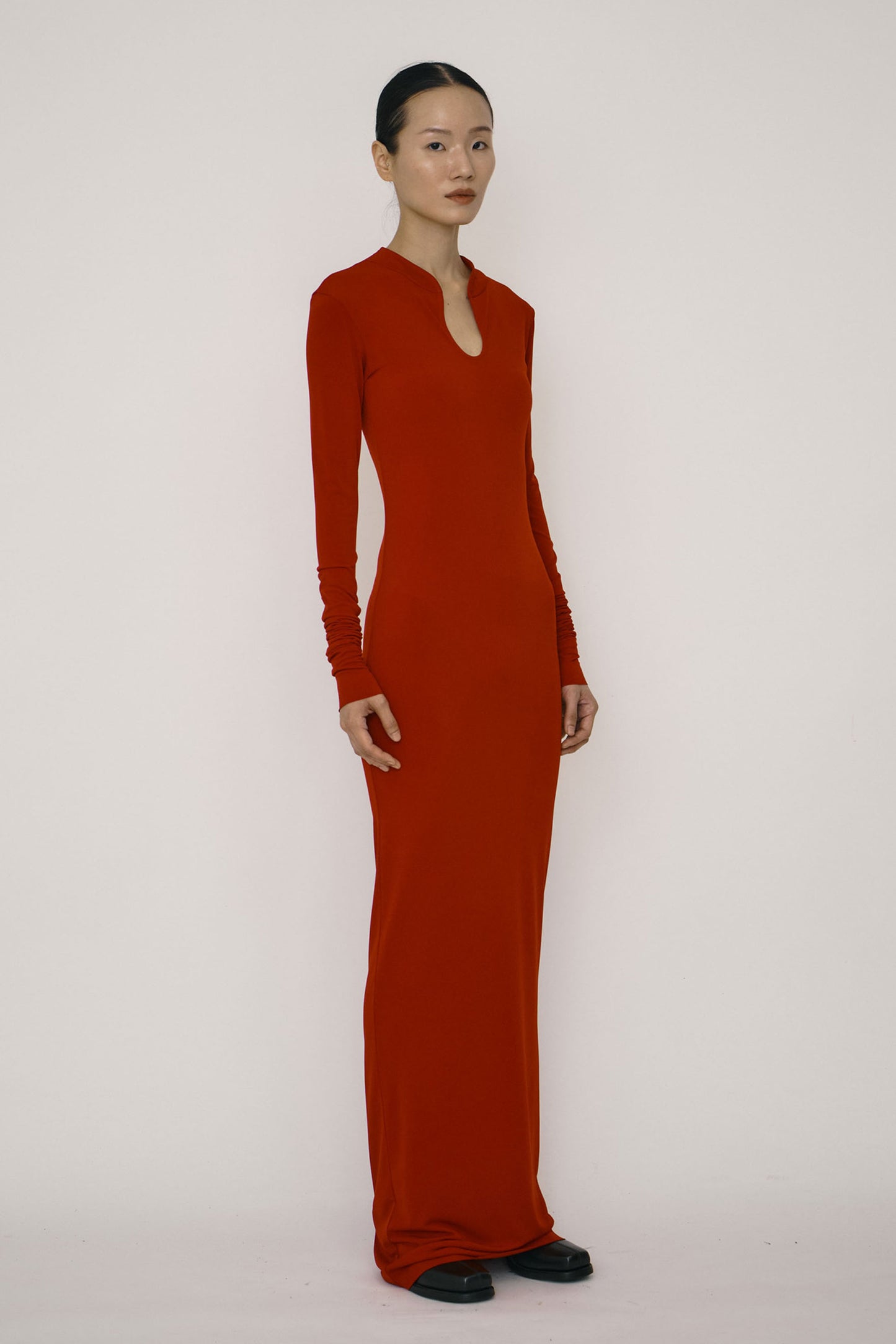 RED SKINNY LONG-SLEEVE MANDARIN COLLAR MAXI DRESS