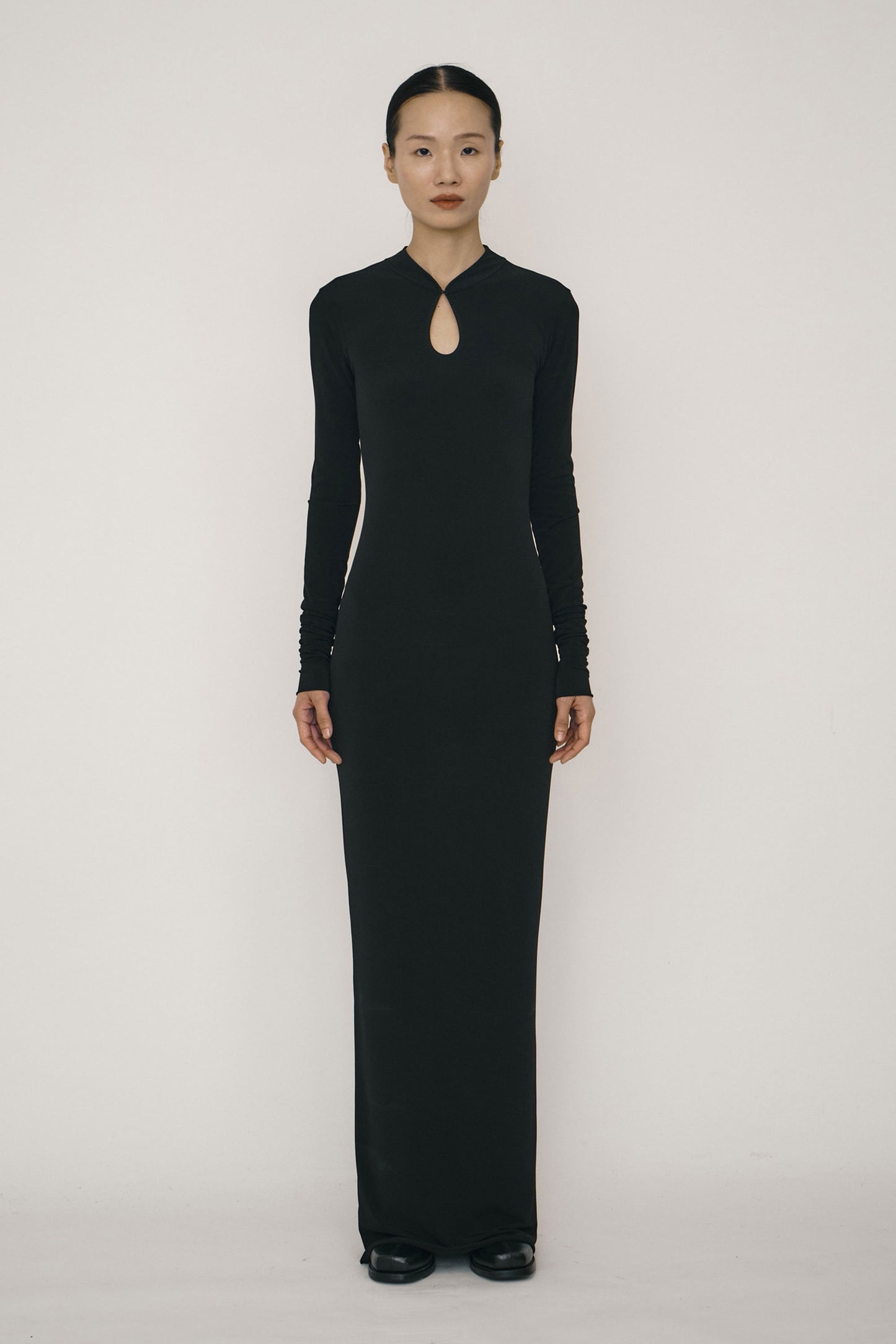 BLACK SKINNY LONG-SLEEVE MANDARIN COLLAR MAXI DRESS