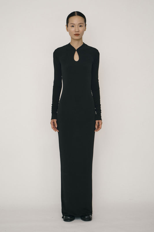 BLACK SKINNY LONG-SLEEVE MANDARIN COLLAR MAXI DRESS