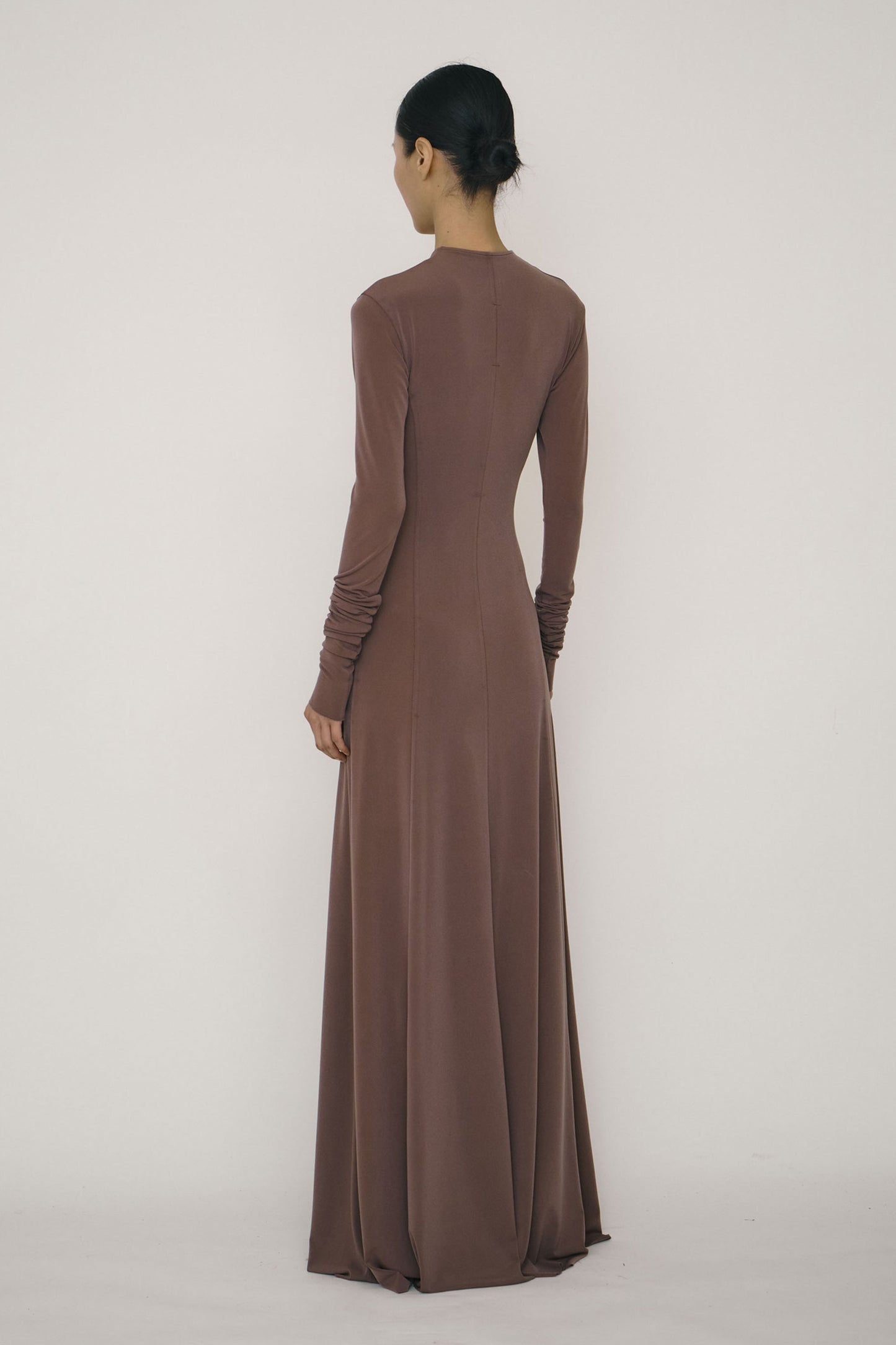 KHAKI SKINNY LONG-SLEEVE MANDARIN COLLAR FLARED MAXI DRESS