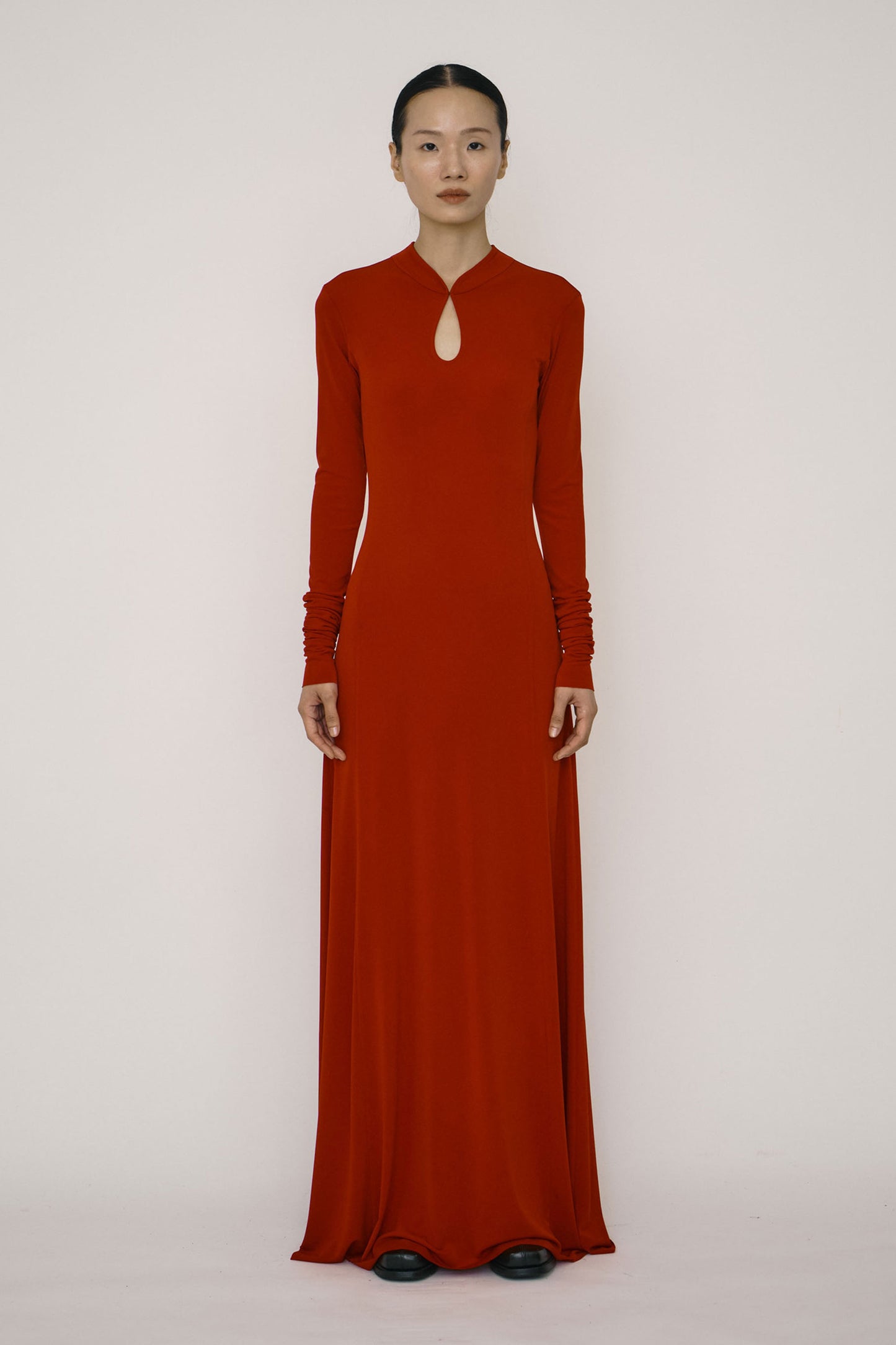 RED SKINNY LONG-SLEEVE MANDARIN COLLAR FLARED MAXI DRESS