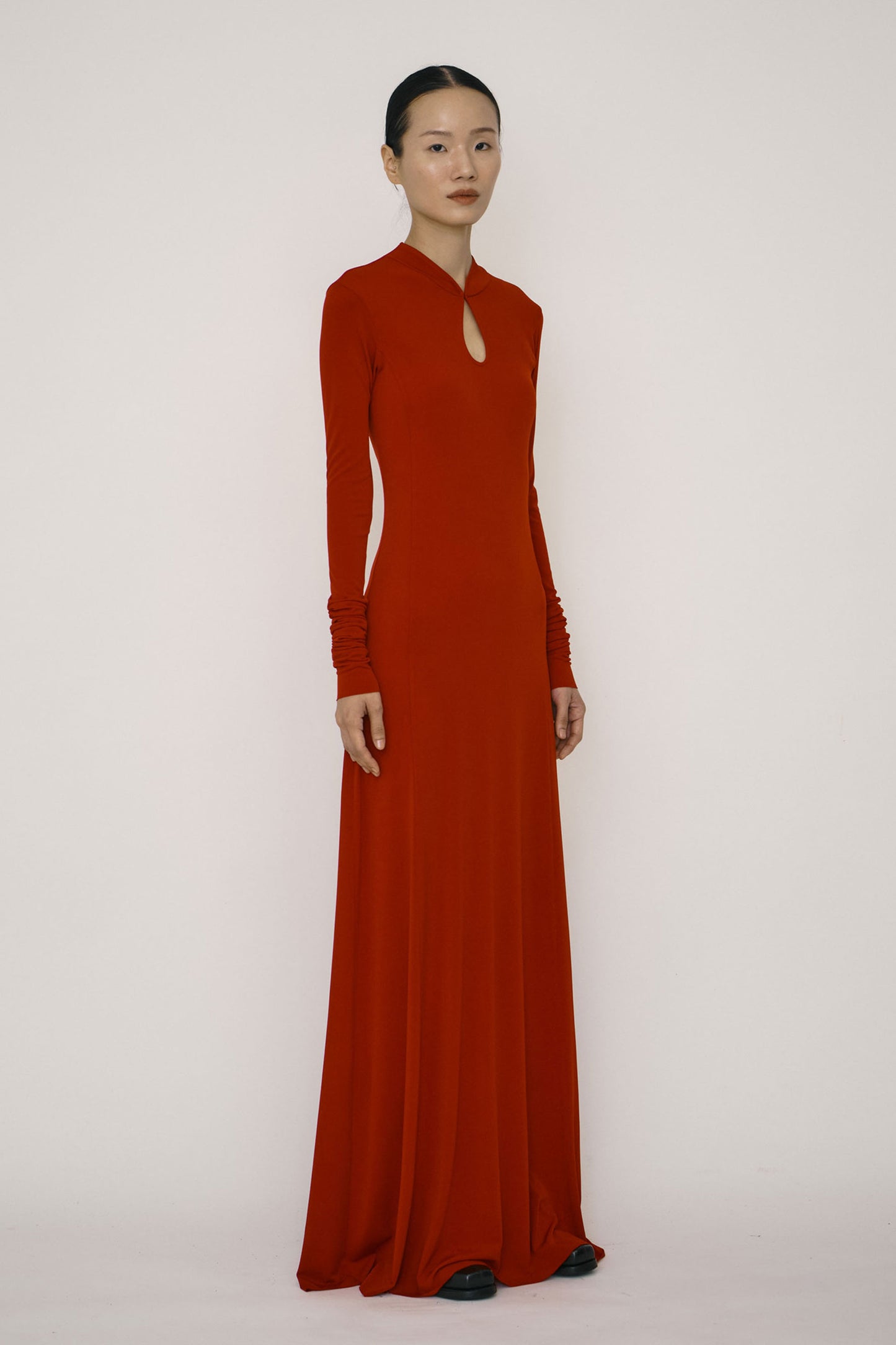 RED SKINNY LONG-SLEEVE MANDARIN COLLAR FLARED MAXI DRESS