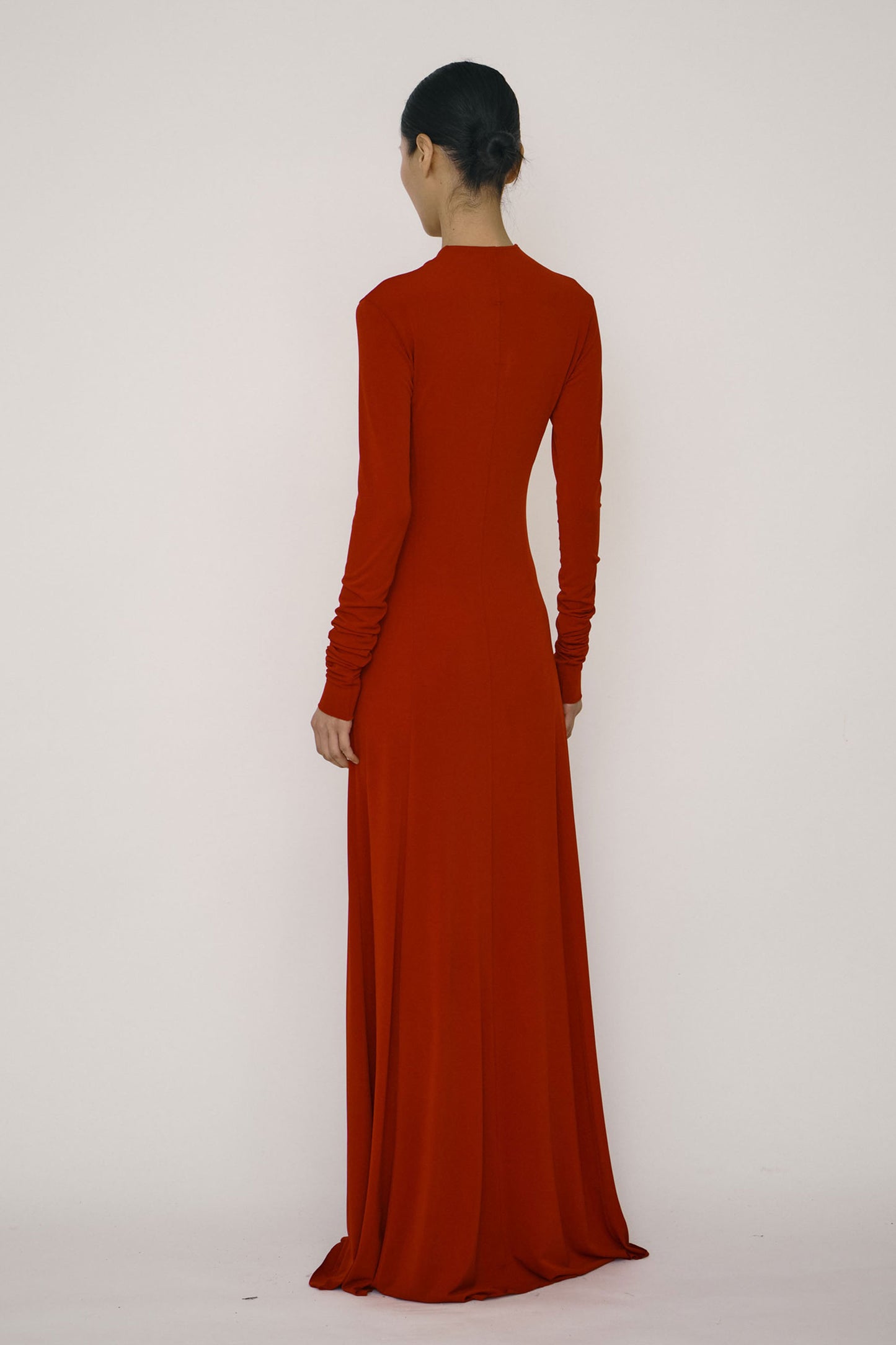 RED SKINNY LONG-SLEEVE MANDARIN COLLAR FLARED MAXI DRESS