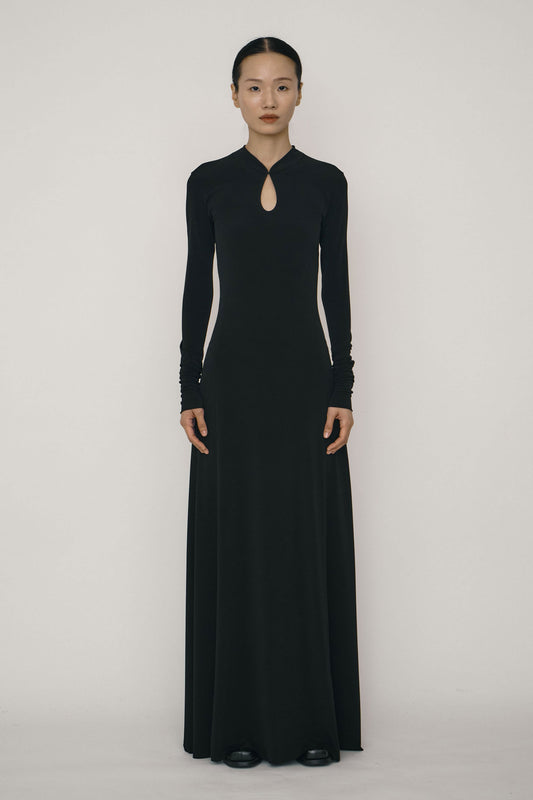 BLACK SKINNY LONG-SLEEVE MANDARIN COLLAR FLARED MAXI DRESS