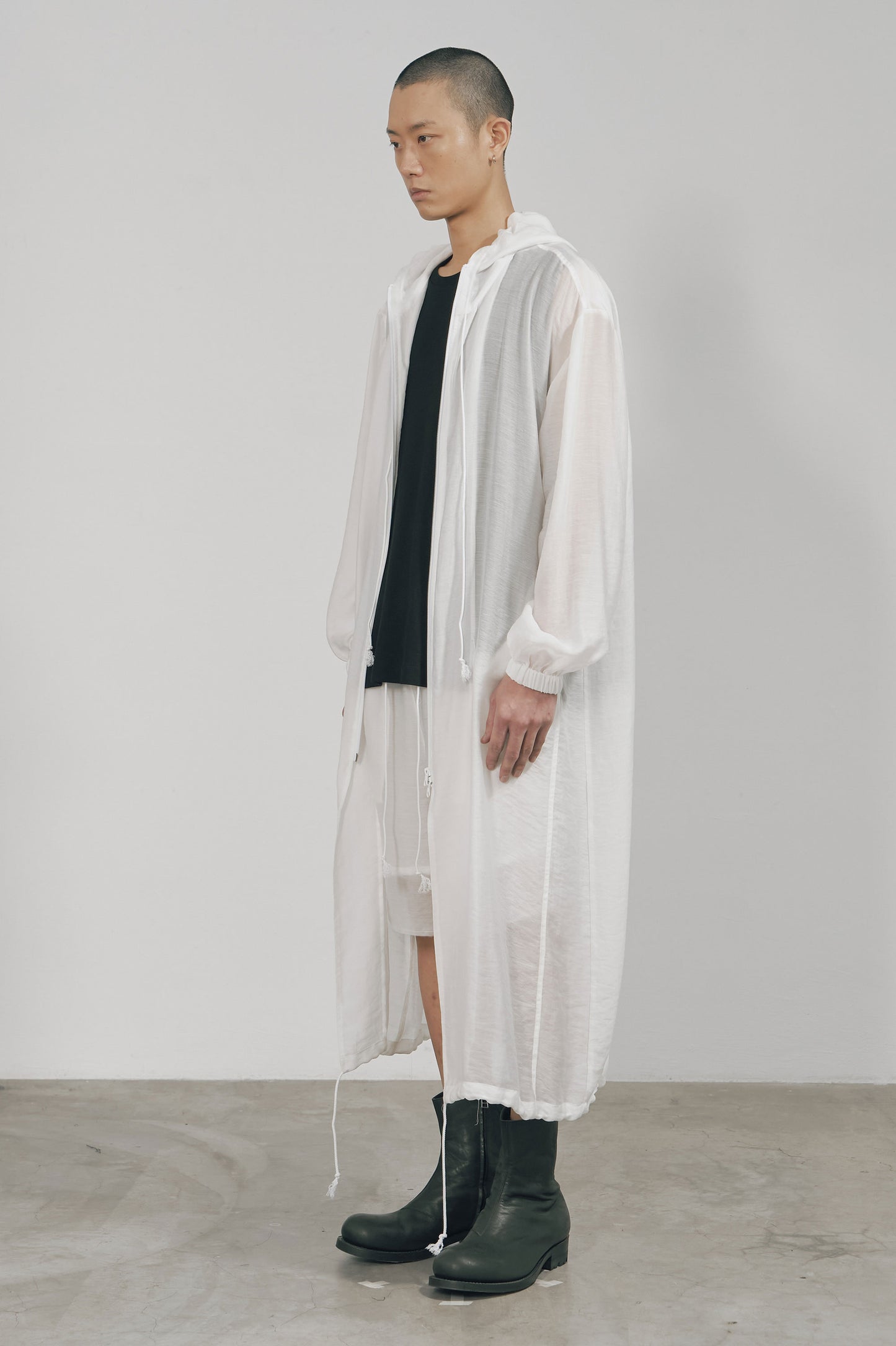 WHITE SEMI-SHEER TENCEL HOODED COAT (MADE TO ORDER)