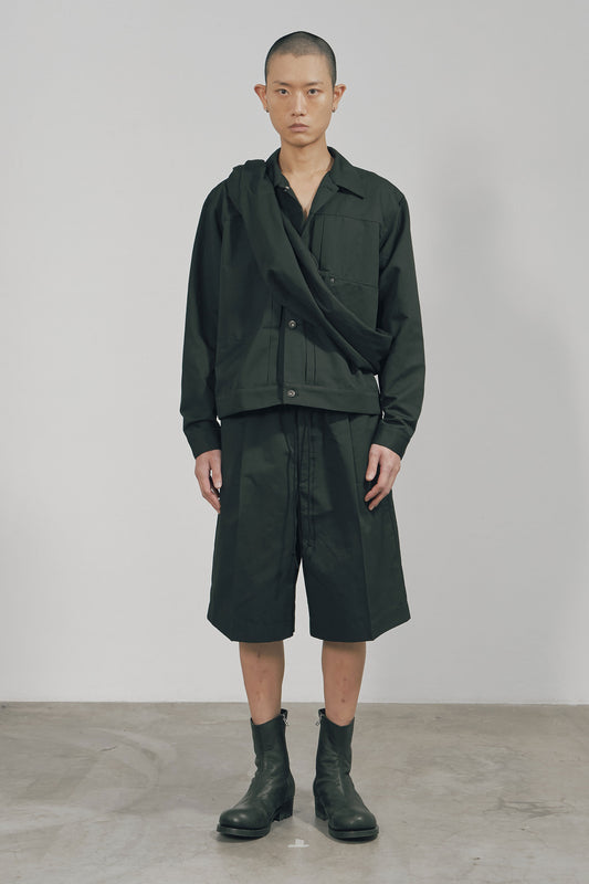 BLACK COTTON TWILL WIDE SHORTS