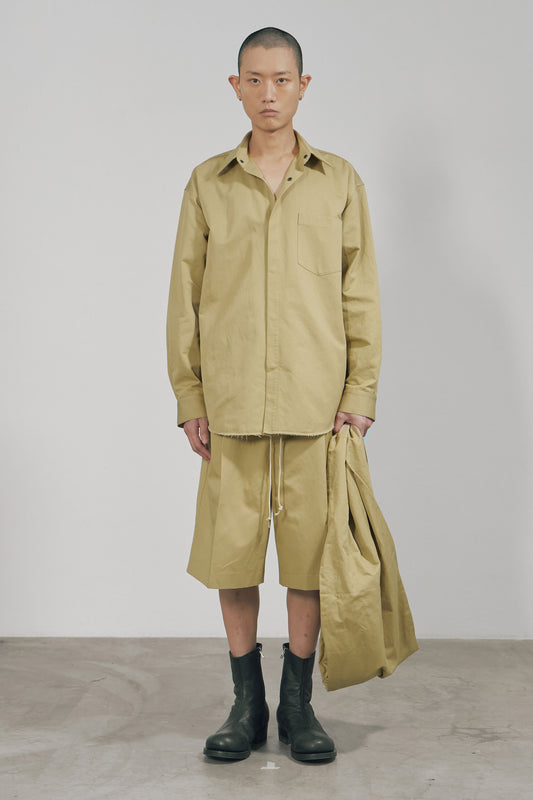 KHAKI COTTON TWILL WIDE SHORTS