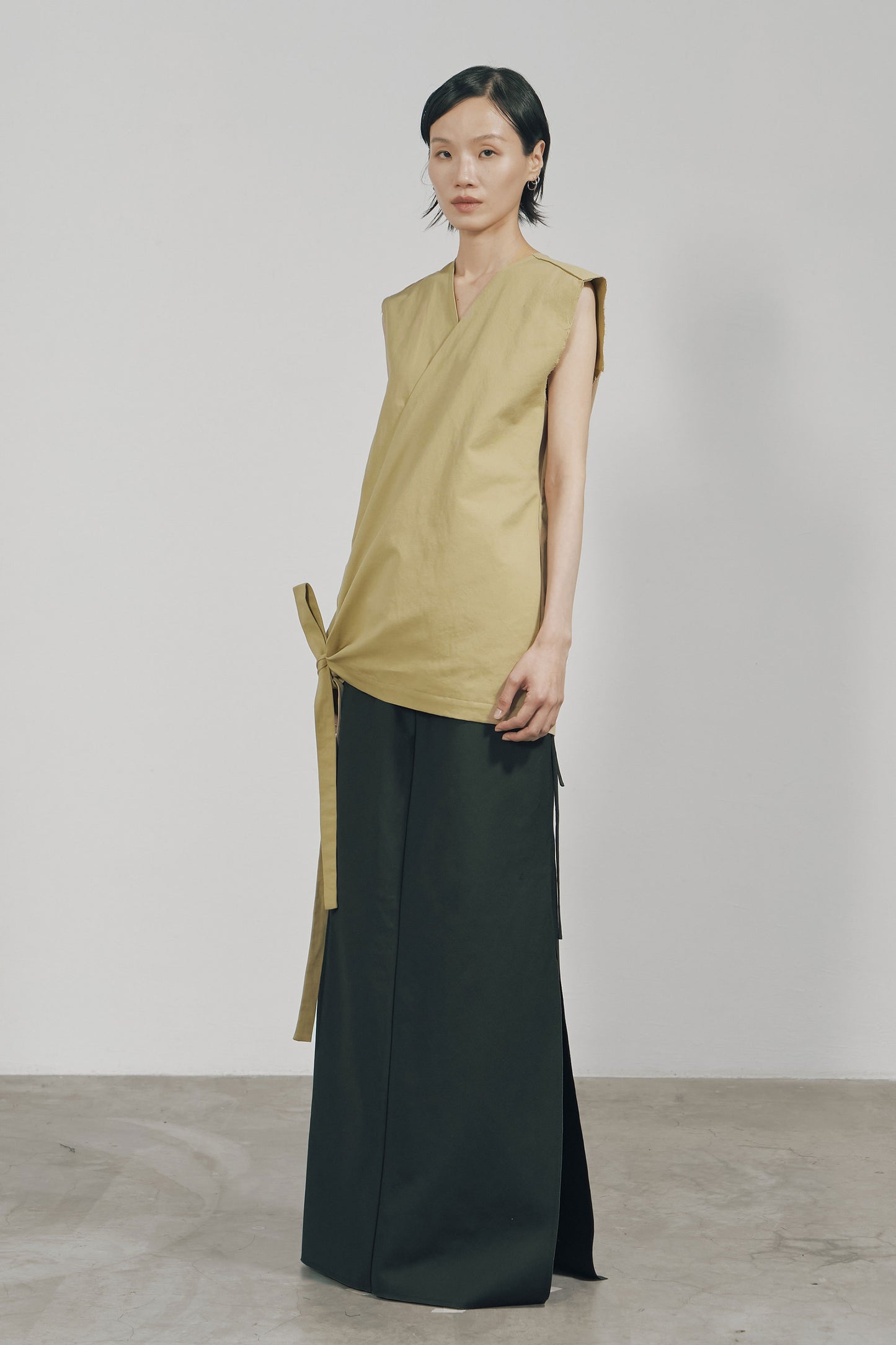 KHAKI COTTON WRAP SLEEVELESS TOP