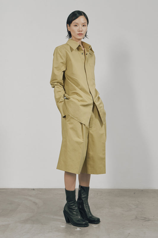 KHAKI COTTON TWILL SNAP RAW EDGE SLIM SHIRT