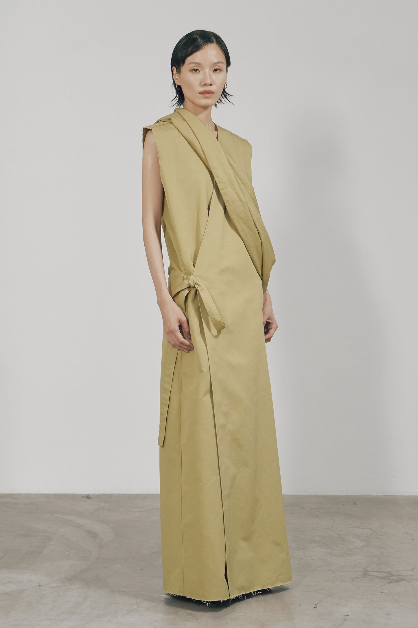 KHAKI COTTON WRAP SLEEVELESS DRESS