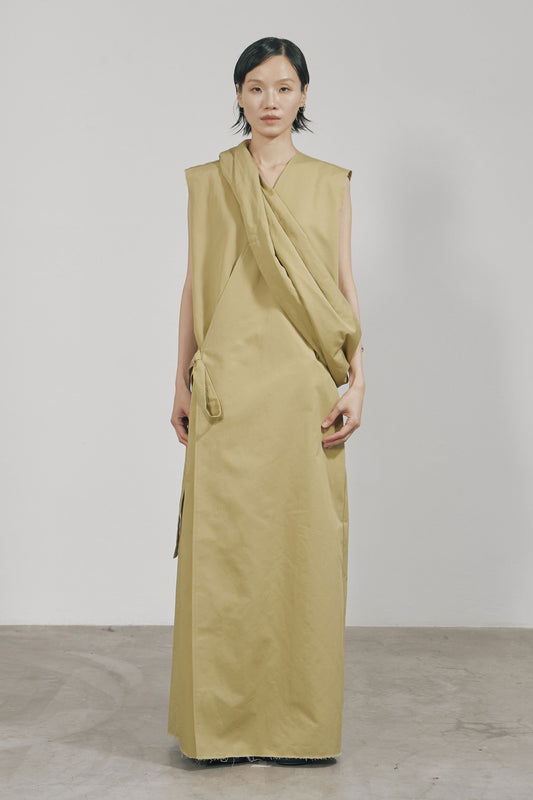 KHAKI COTTON WRAP SLEEVELESS DRESS