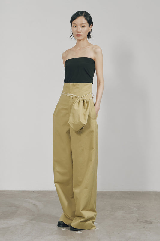 KHAKI COTTON TWILL HIGH-WAIST WIDE TROUSERS