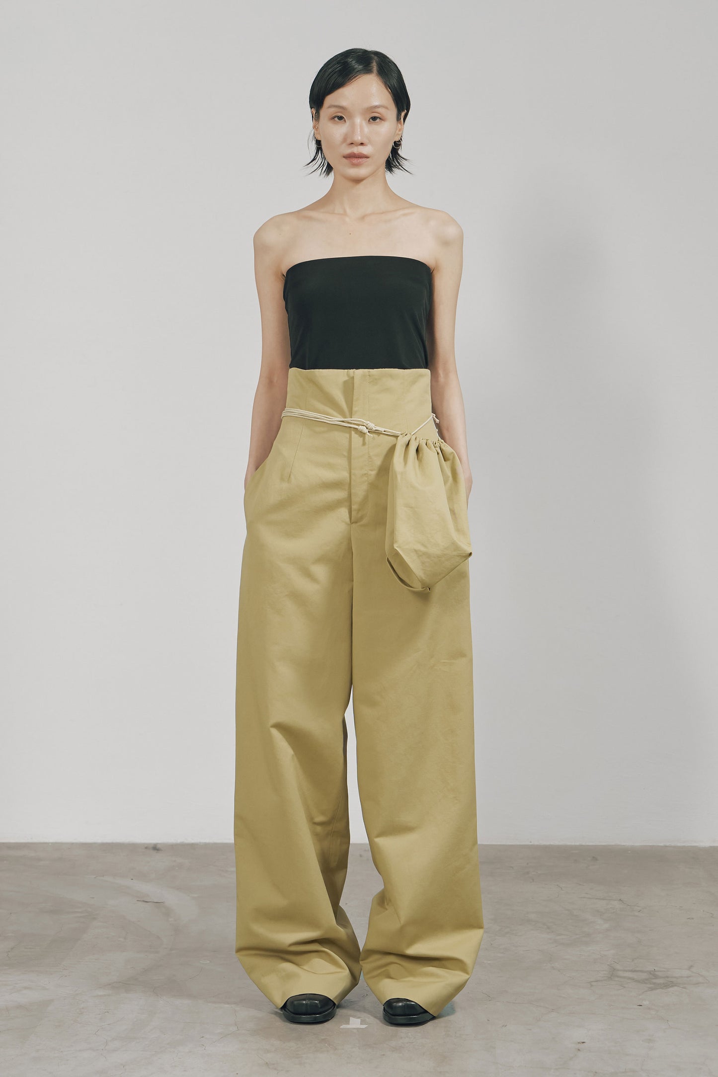 KHAKI COTTON TWILL HIGH-WAIST WIDE TROUSERS