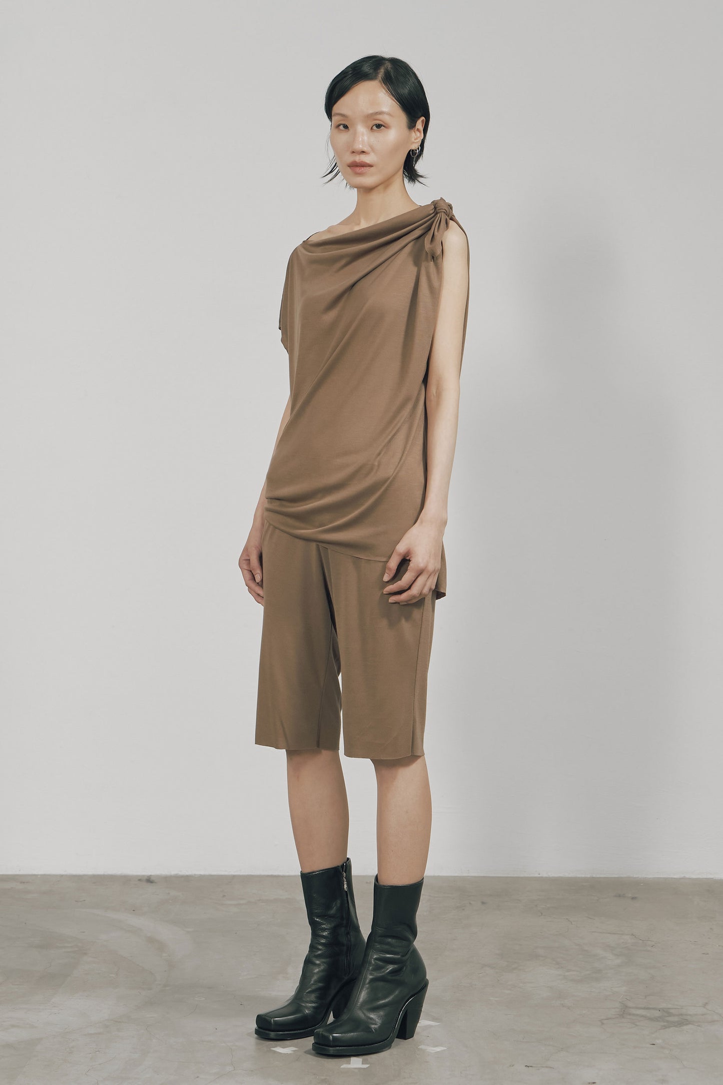KHAKI TENCEL JERSEY RAW EDGE ASYMMETRIC CUTTING TOP