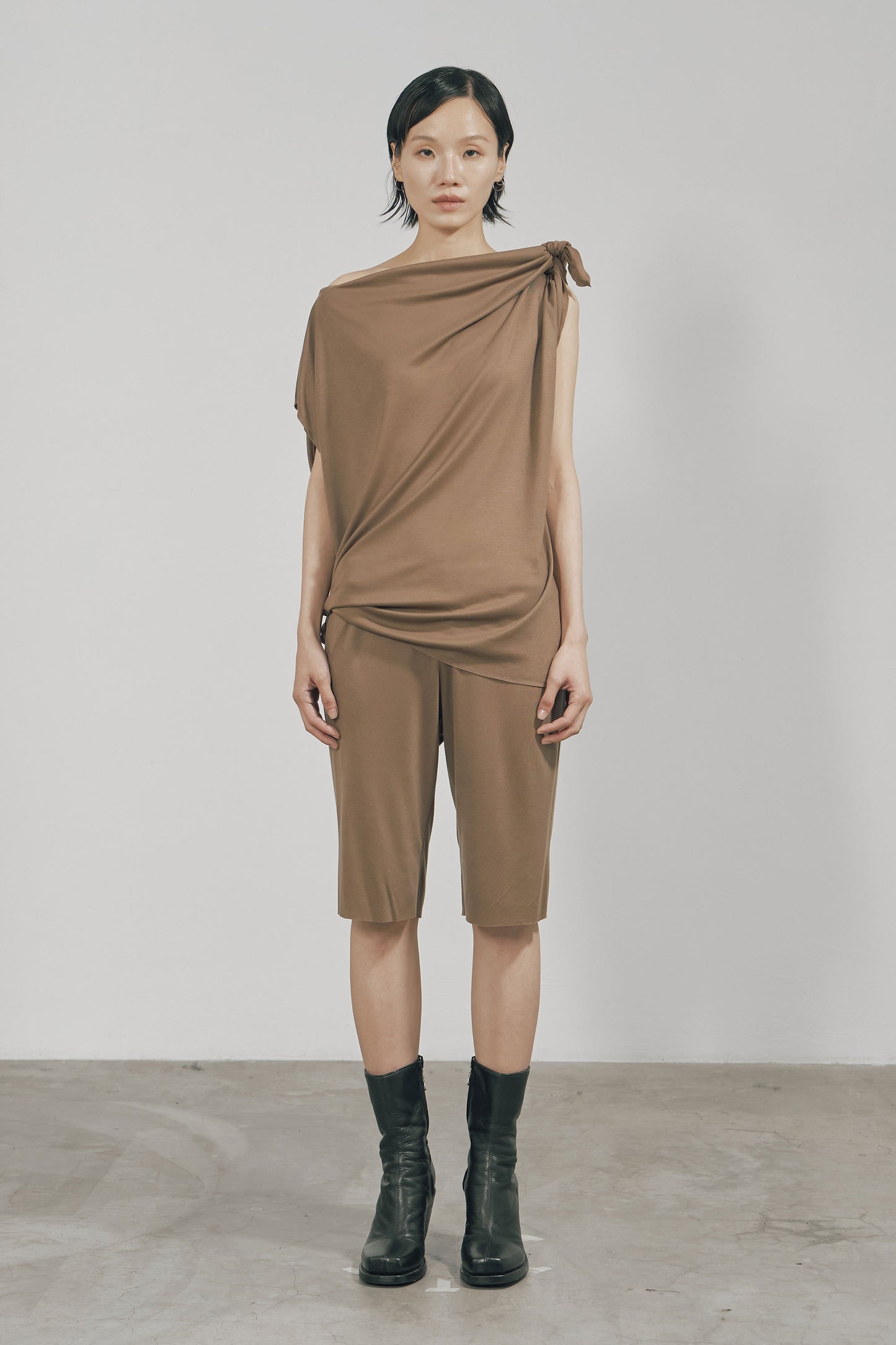 KHAKI TENCEL JERSEY RAW EDGE ASYMMETRIC CUTTING TOP