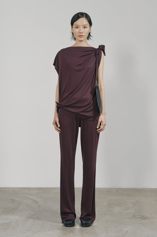 DARK RED TENCEL JERSEY RAW EDGE ASYMMETRIC CUTTING TOP