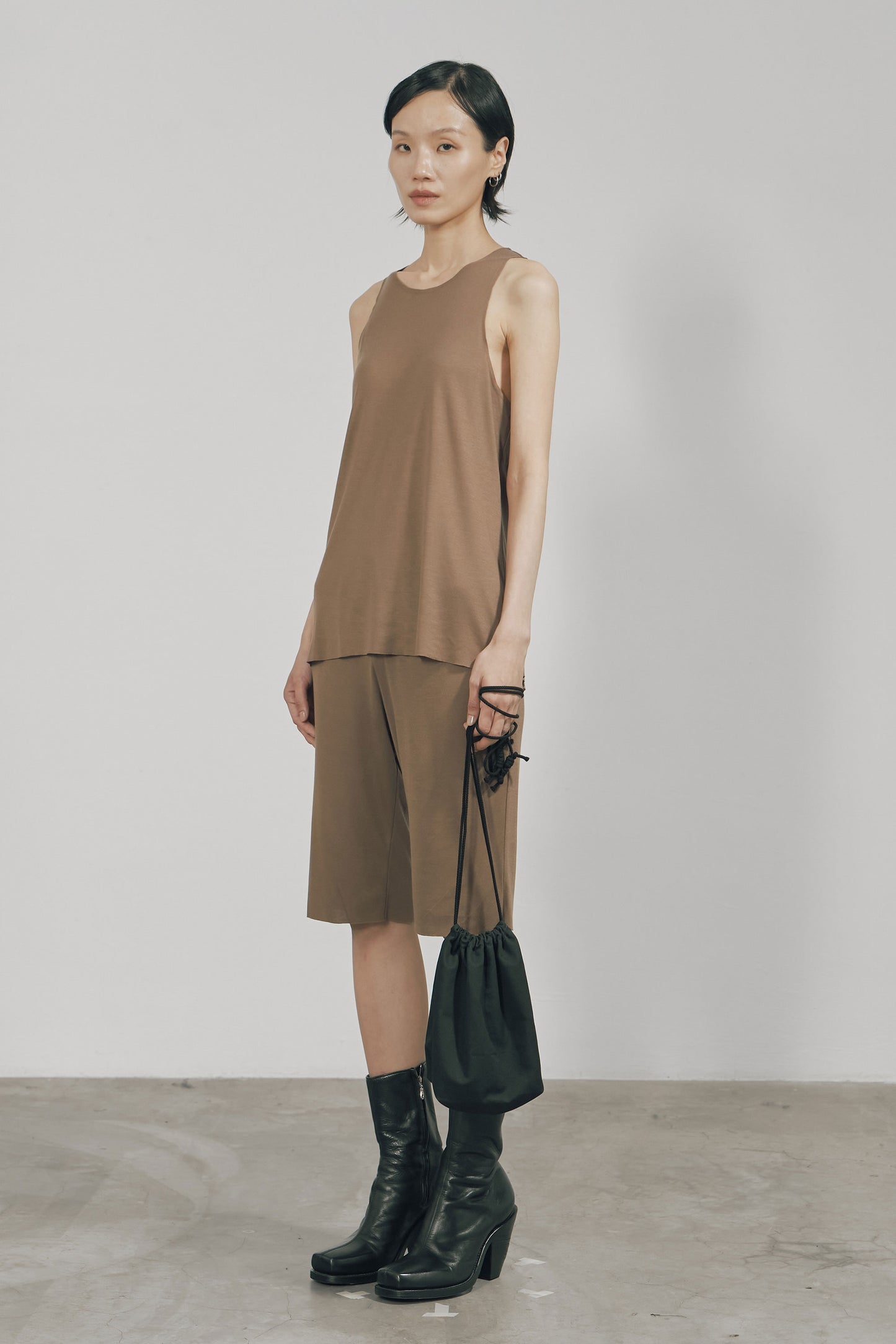 KHAKI TENCEL JERSEY RAW EDGE TANK TOP