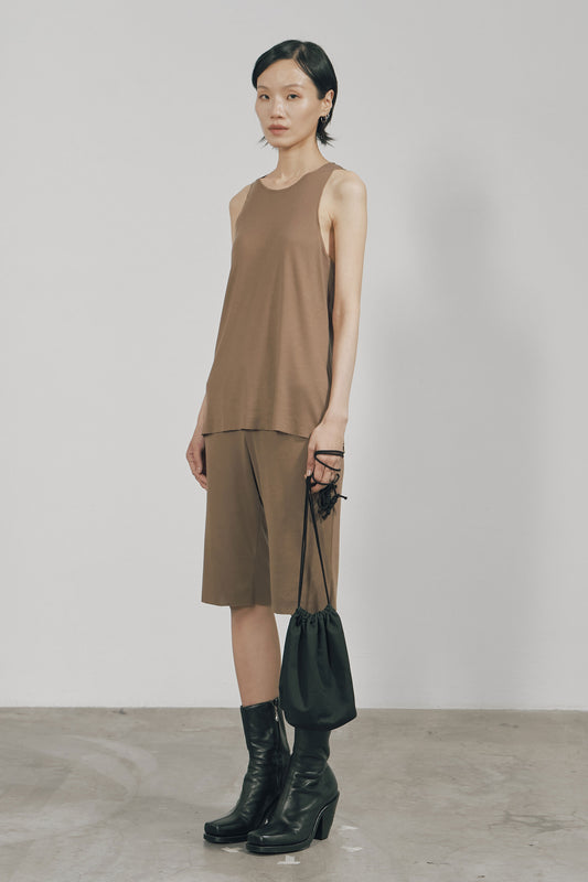 KHAKI TENCEL JERSEY RAW EDGE TANK TOP