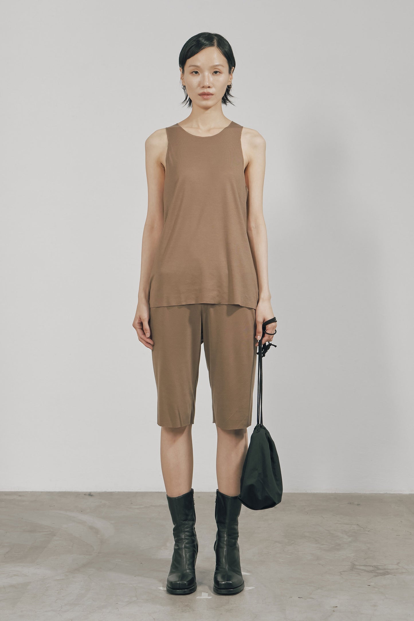 KHAKI TENCEL JERSEY RAW EDGE TANK TOP