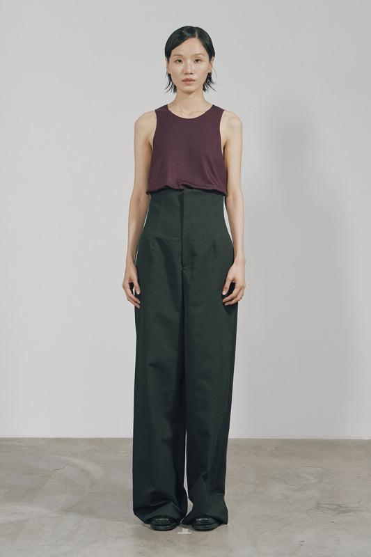 BLACK COTTON TWILL HIGH-WAIST WIDE TROUSERS