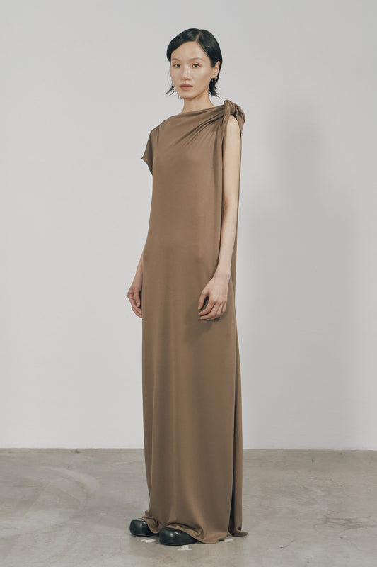 KHAKI TENCEL JERSEY RAW EDGE ASYMMETRIC CUTTING DRESS