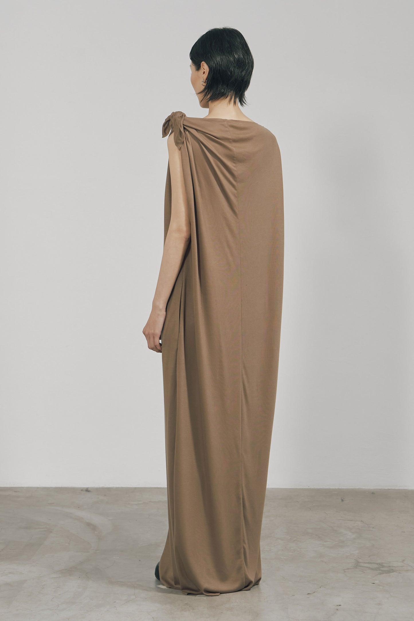 KHAKI TENCEL JERSEY RAW EDGE ASYMMETRIC CUTTING DRESS