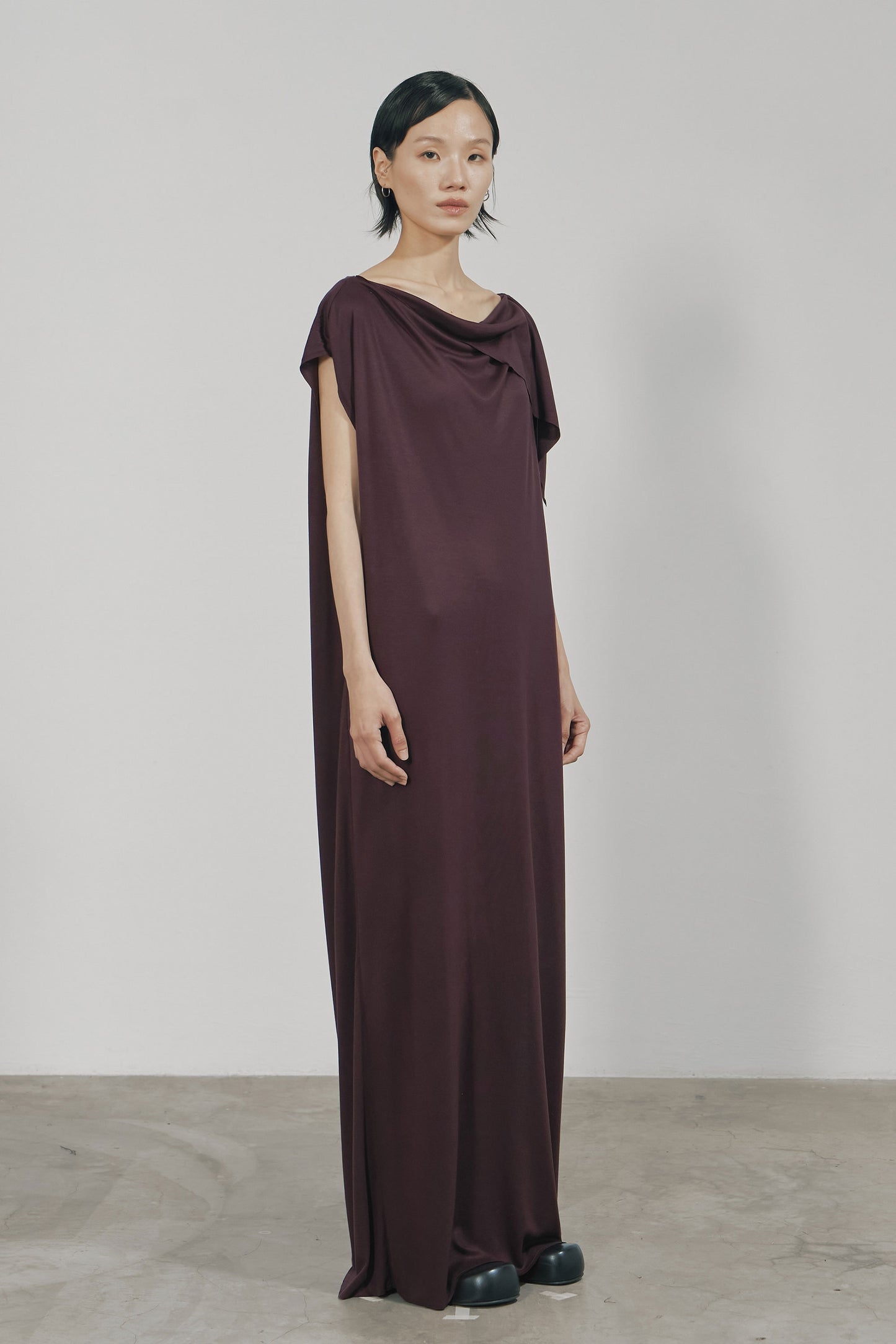 DARK RED JERSEY RAW EDGE ASYMMETRIC CUTTING DRESS