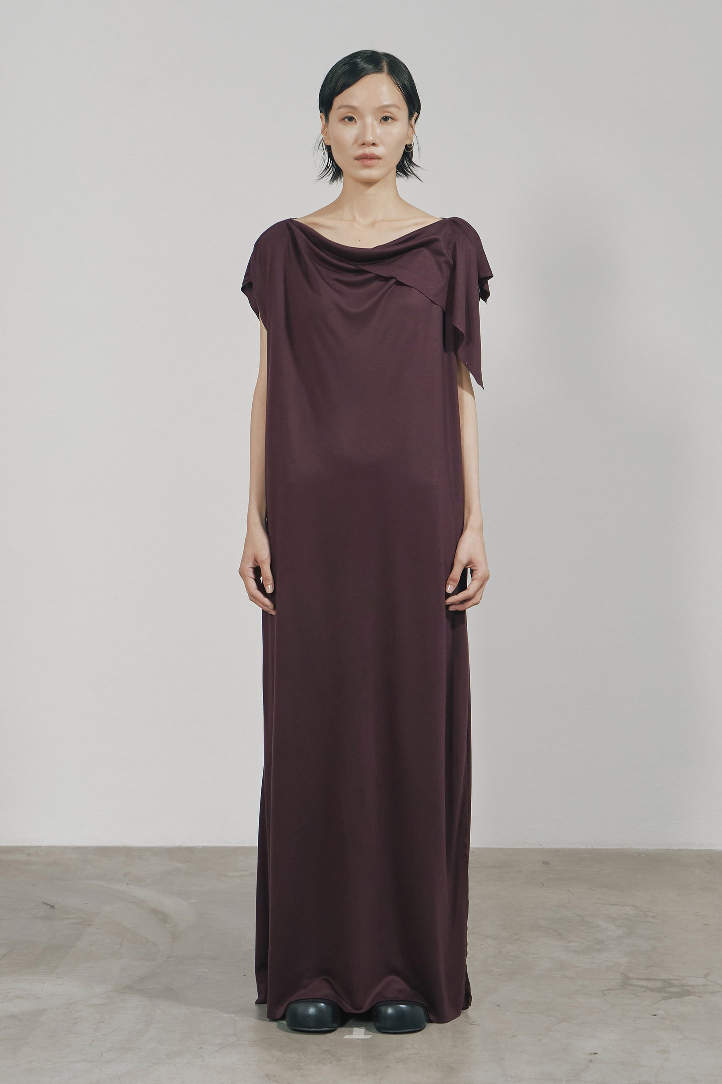DARK RED JERSEY RAW EDGE ASYMMETRIC CUTTING DRESS