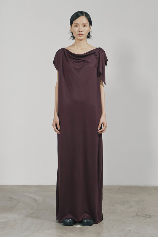 DARK RED JERSEY RAW EDGE ASYMMETRIC CUTTING DRESS