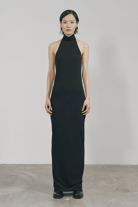 BLACK SKINNY HIGH HALTERNECK MAXI DRESS