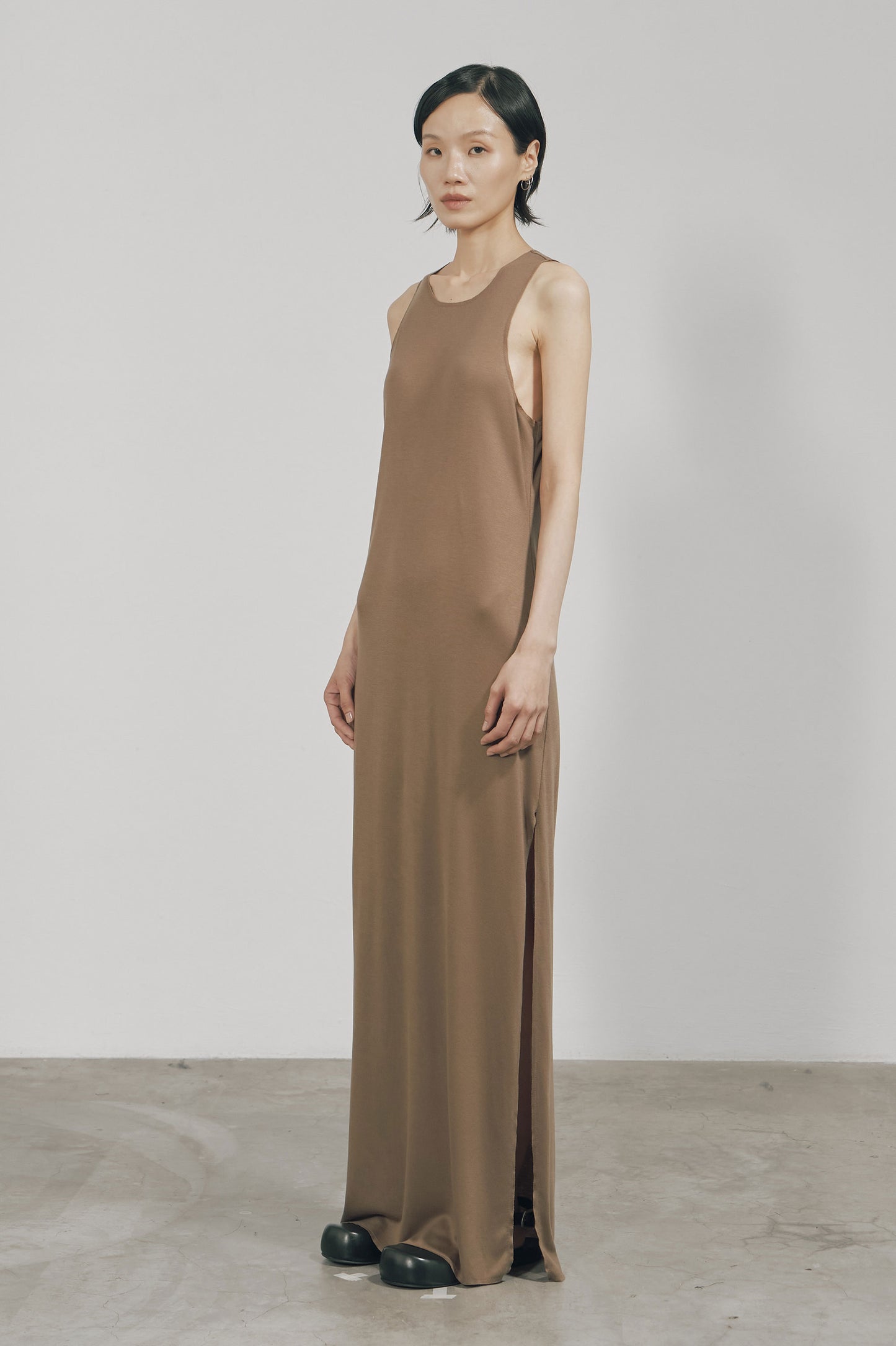 KHAKI TENCEL JERSEY RAW EDGE TANK DRESS