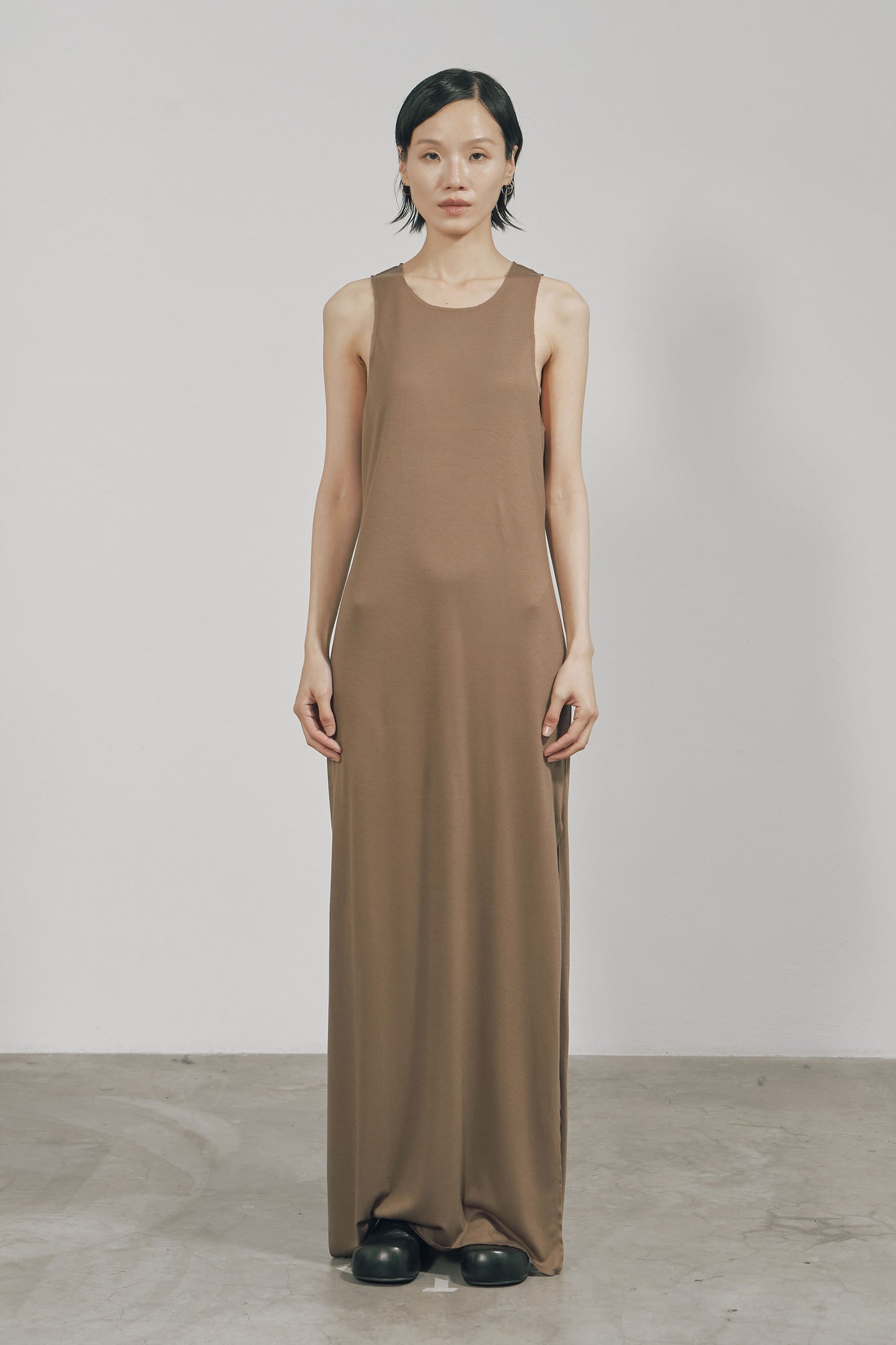 KHAKI TENCEL JERSEY RAW EDGE TANK DRESS