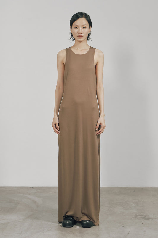KHAKI TENCEL JERSEY RAW EDGE TANK DRESS